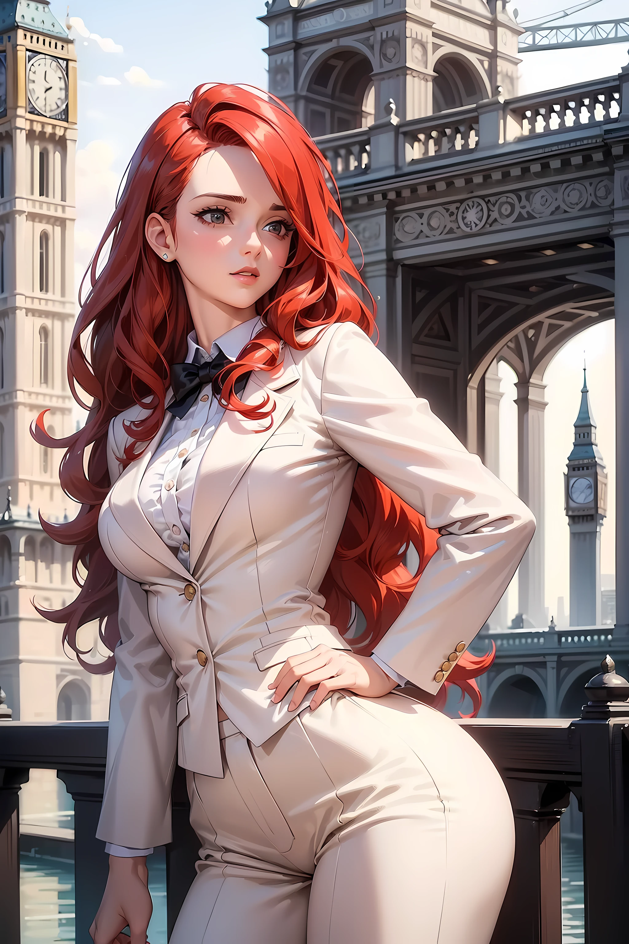 (((Masterpiece))), a top influencer woman, top quality, super detailed, sweet and sophisticated, classic style, fair skin, long curly red hair, white crop blazer, white, classic slacks, London city background