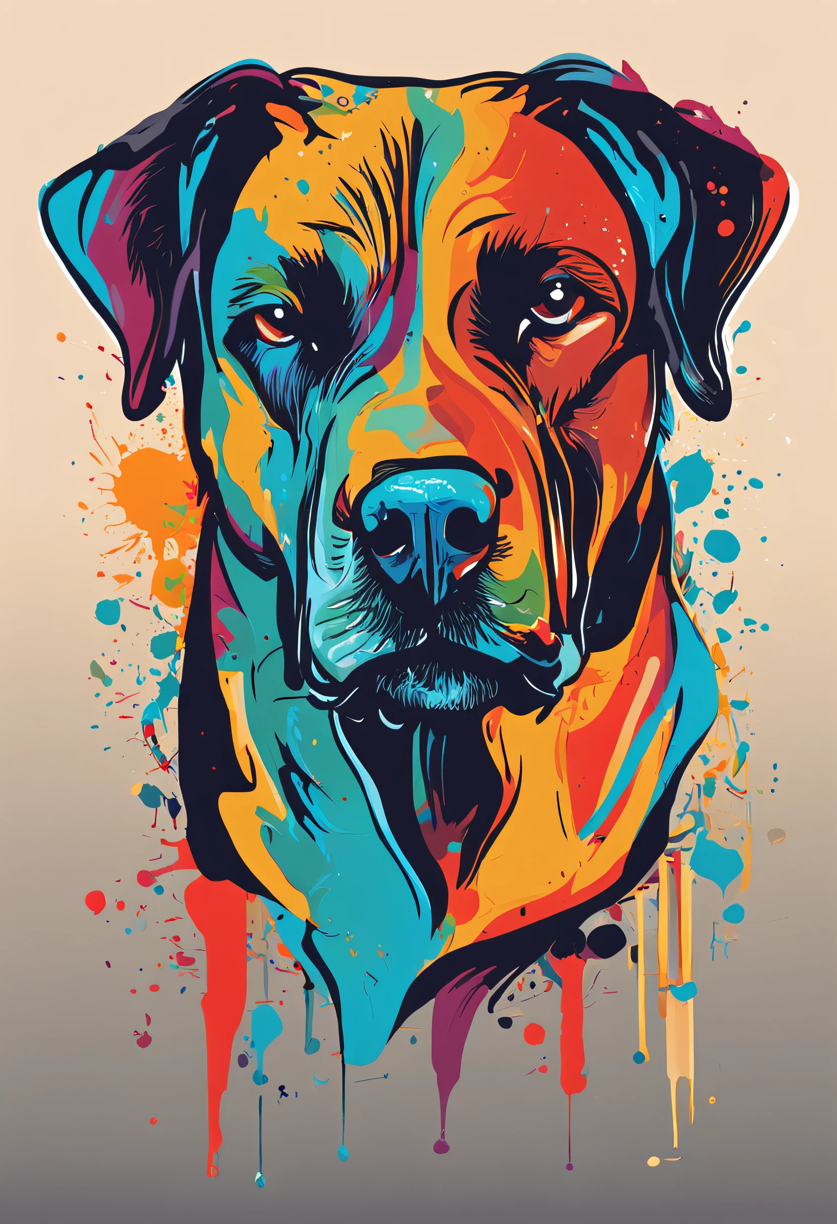 logotipo colorido, Minimalist vector art logo illustration of a rottweiler head, usando um fone de ouvido, orelhas para baixo, Frontal, Magic, Crisp design, liso, Monochrome Color, magia escura colorido pintura splash, design de camisetas, no estilo do Studio Ghibli, O design deve ser em arte vetorial, Introducing the Dog. Use Adobe Illustrator to create the logo with sharp lines and a simple look, mas cativante. Keep the design centered on the dog's eyes, capturando sua singularidade e charme. The logo should evoke a sense of sophistication and tranquility. Enfatize um estilo low-poly para adicionar um toque de exclusividade aos bigodes. The overall aesthetic should be elegant and elegant, tornando-o adequado para fins de marca e logotipo, fundo preto, ((symmetr))