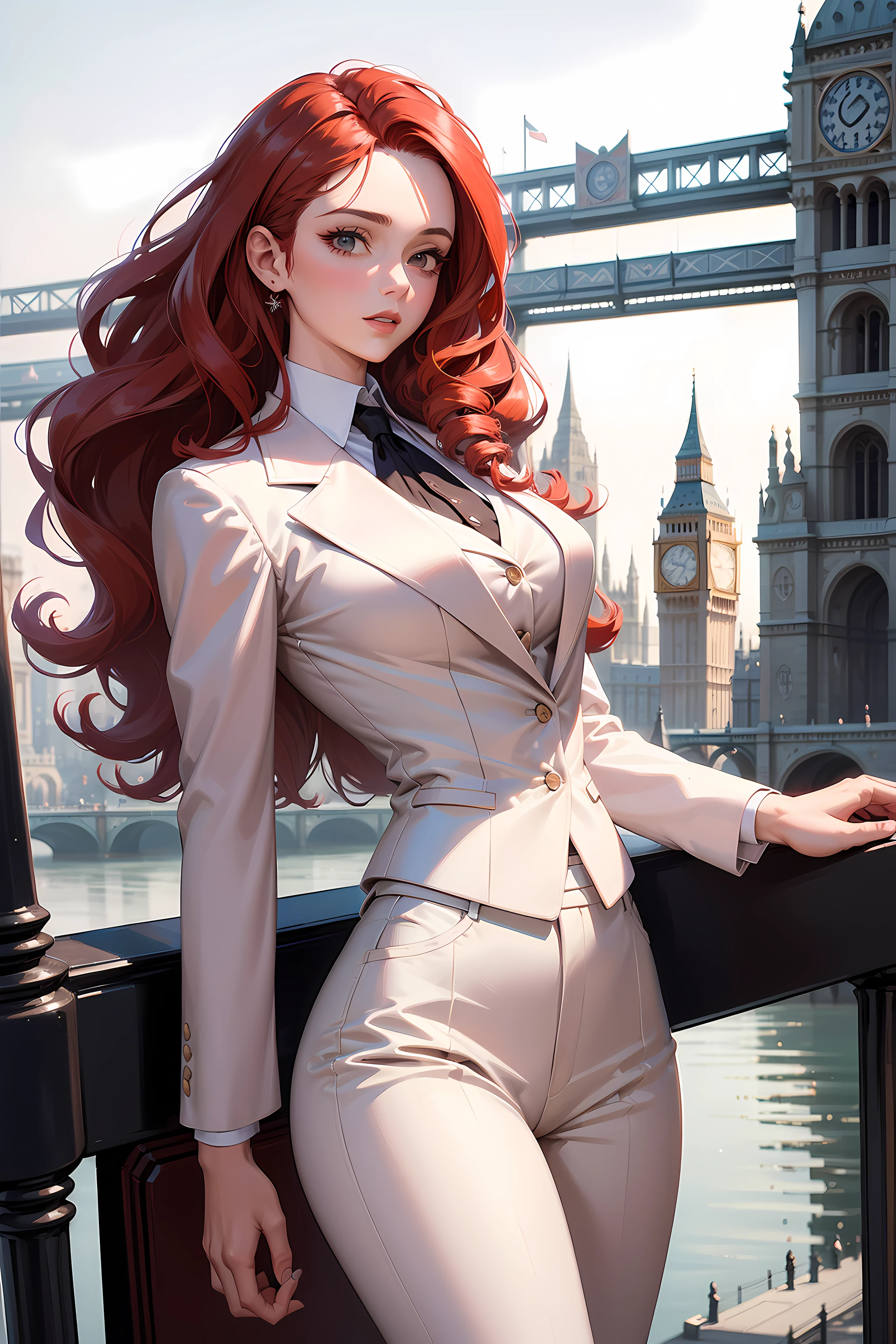 (((Masterpiece))), a top influencer woman, top quality, super detailed, sweet and sophisticated, classic style, fair skin, long curly red hair, white crop blazer, white, classic slacks, London city background