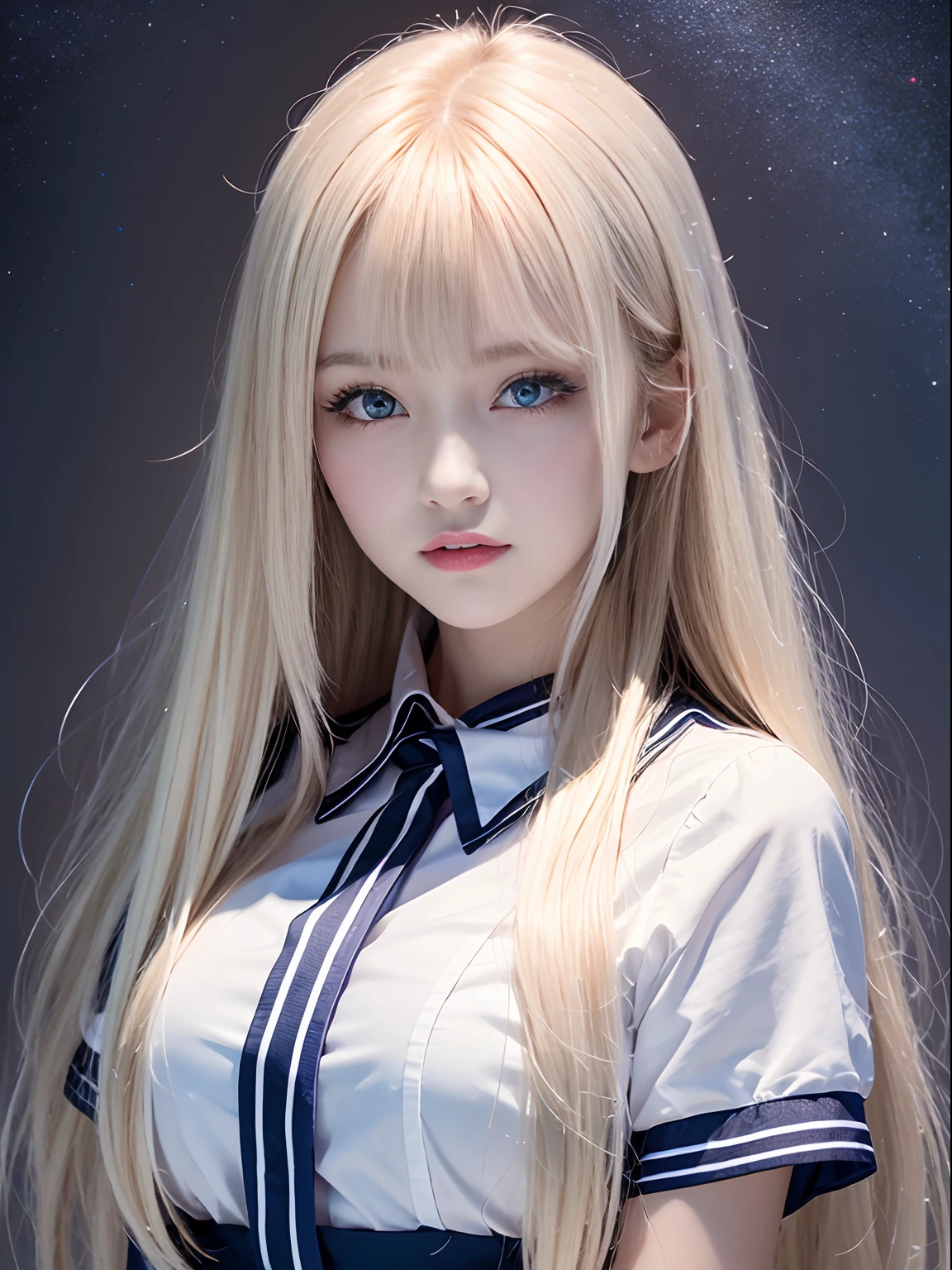 portlate、School Uniforms、bright expression、Young shiny shiny white shiny skin、Best Looks、Blonde reflected light、Platinum blonde hair with dazzling highlights、shiny light hair,、Super long silky straight hair、Beautiful bangs that shine、Glowing crystal clear attractive big blue eyes、Very beautiful nice cute 16 year old girl、Lush bust、