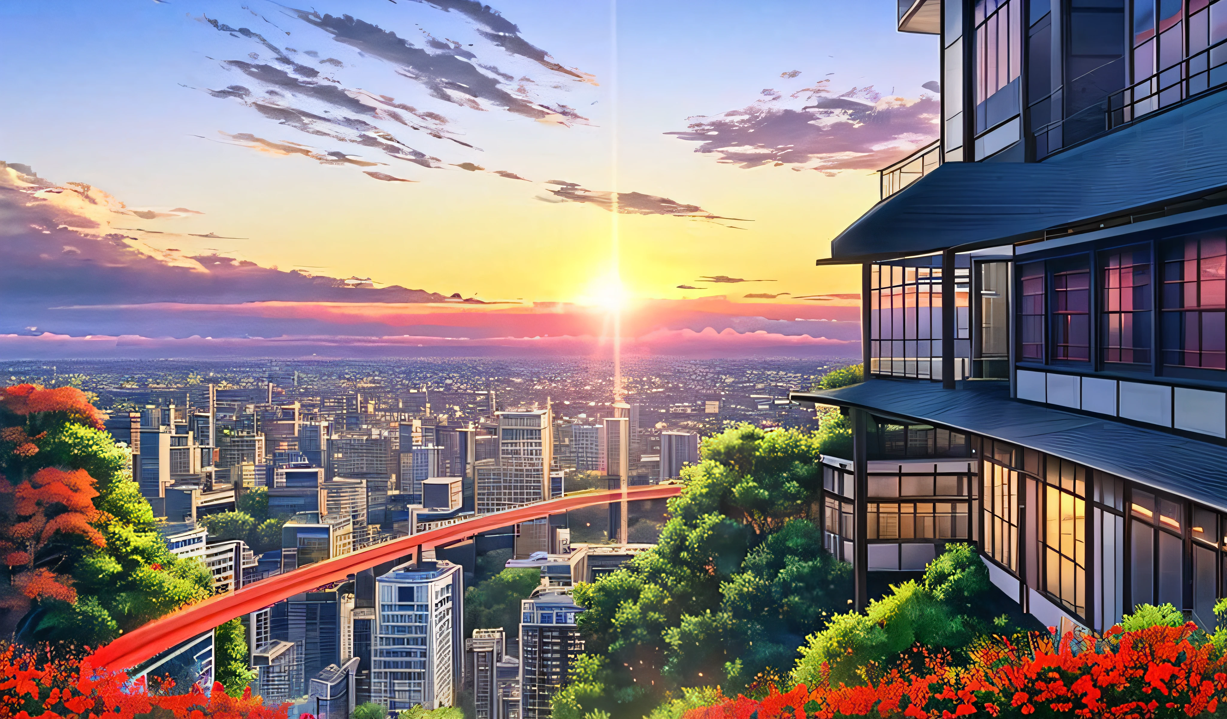 beautiful anime scenery，author：Shinkai sincerely , Skyscrapers , Garden , Flowers , Lycoris Radiata , Red Spider Lily , Lycoris ,, Wind , Blue sky , Evening , Sun , floating leaves, autumn . shooting stars in the sky