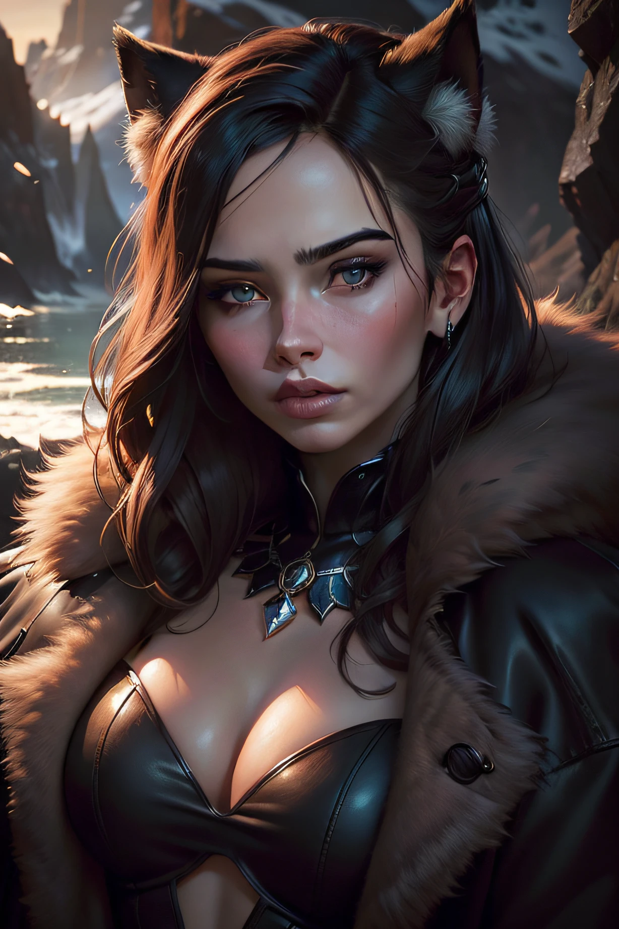 chrrblssm (sharp focus:1.2), photo, attractive young woman, (beautiful face:1.1), detailed eyes, luscious lips, (smokey eye makeup:0.85), wearing (fur coat:1.2) on a (cliffside:1.2). (moody lighting:1.2), depth of field, bokeh, 4K, HDR. by (James C. Christensen:1.2|Jeremy Lipking:1.1).