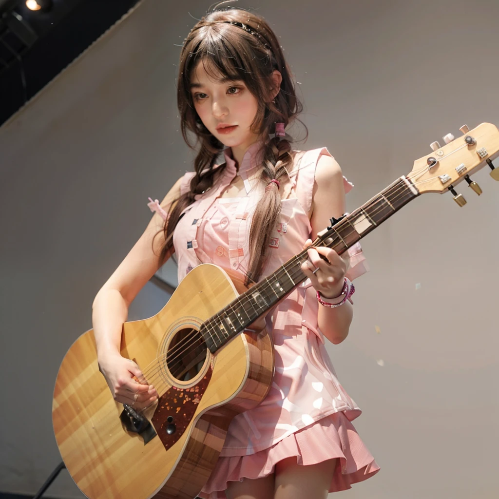 girl with a guitar and a pink dress, a girl with hairstyle like a star,