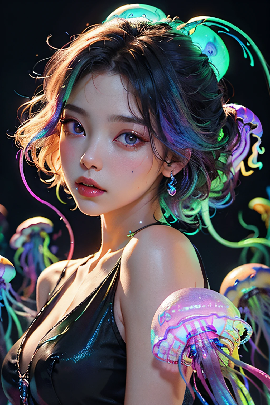 (masterpiece、top-quality、top-quality、Beautifully Aesthetic:1.2)、(((Fantastic and colorful iridescent glowing neon jellyfish)))、ighly detailed、colourfull、highestdetailed