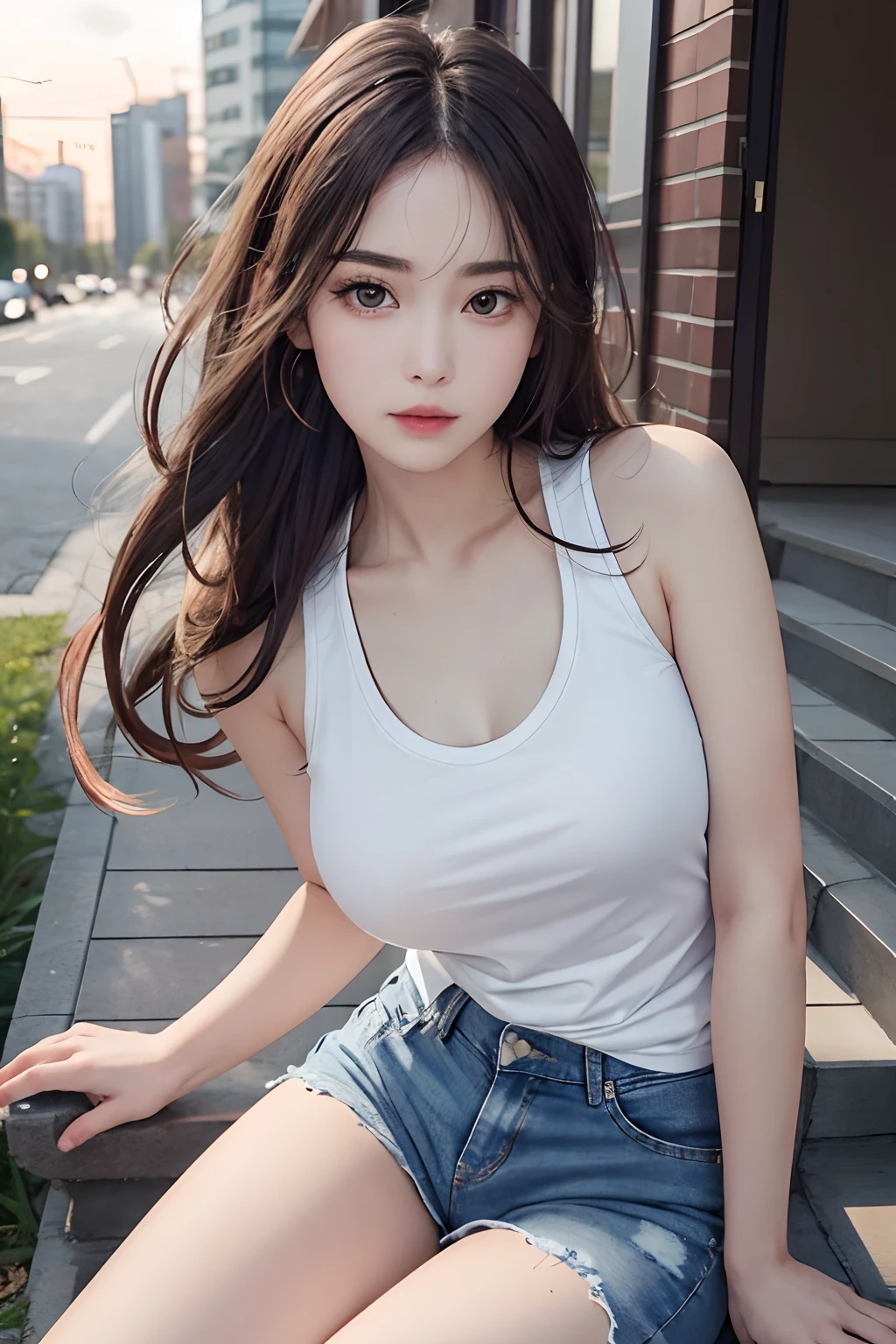 8K, Best Quality, real picture, Intricate details, Ultra-detailed, 超A high resolution, Depth Field,(Photorealistic,Realistic:1.2),masutepiece,white tank tops、Jeans shorts、Shadow、The background is a skyscraper district、Sunset between buildings、Seductive breasts、Seducting breasts、爆乳、Detailed eyebrows、A detailed eye、Detailed lips、Detailed mouth、Seductive thighs、The long-haired、disheveled hair、sitting on a step、beauty legs