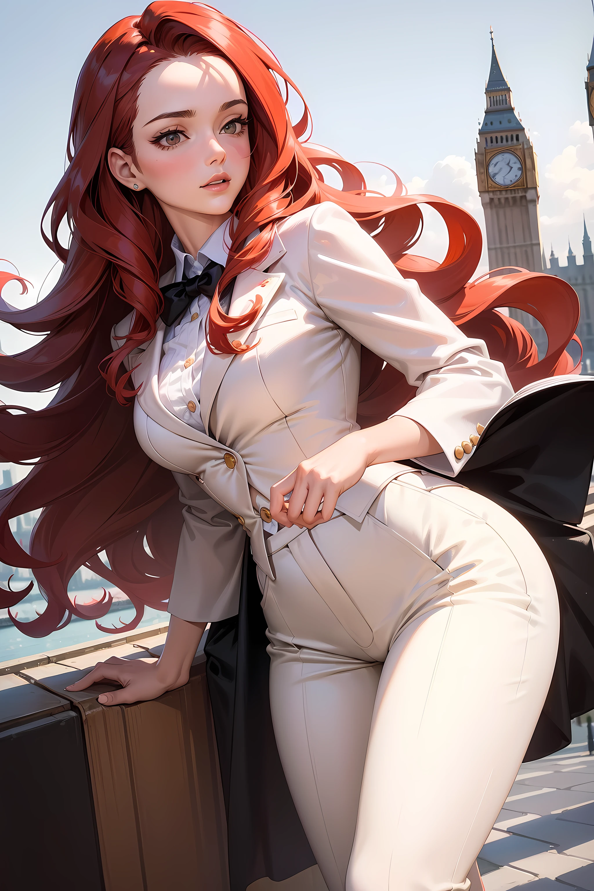 (((Masterpiece))), a top influencer woman, top quality, super detailed, sweet and sophisticated, classic style, fair skin, long curly red hair, white crop blazer, white, classic slacks, London city background