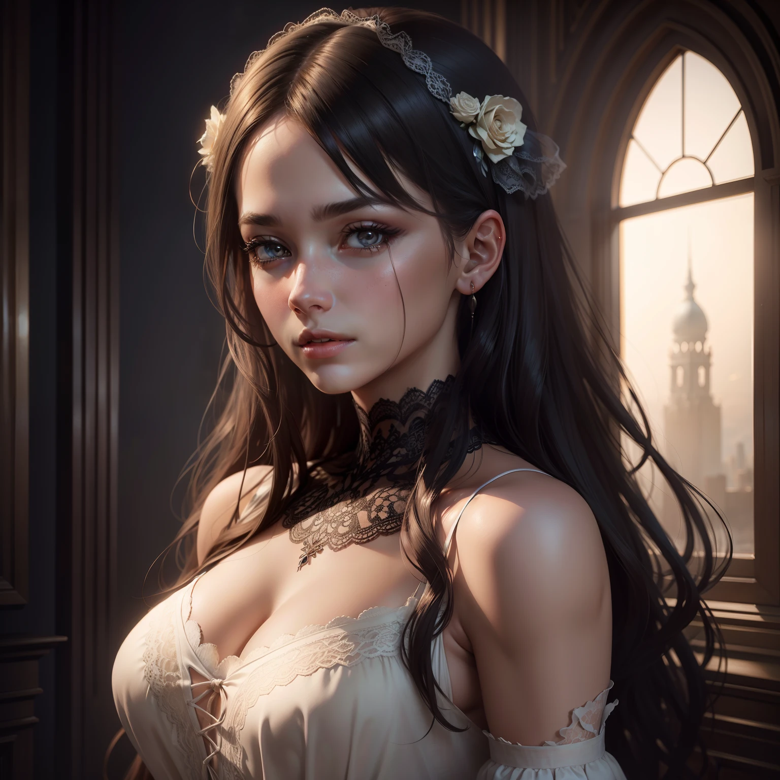 portrait of a beautiful girl in a lace dress, cinematic, realistic render, realistic, fantastic, epic