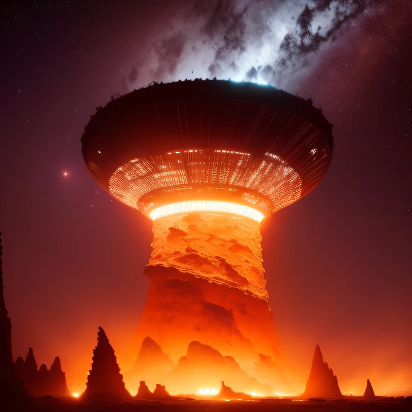 Alien base (Very detailed) In the mountainous desert，There are several exhaust fans and chimneys, Some spotlights come out of the base to illuminate dark places, (Extreme nights), Some clouds in the night sky, Some of the surrounding planets provide air to unknown planets，The farthest giant volcano is erupting