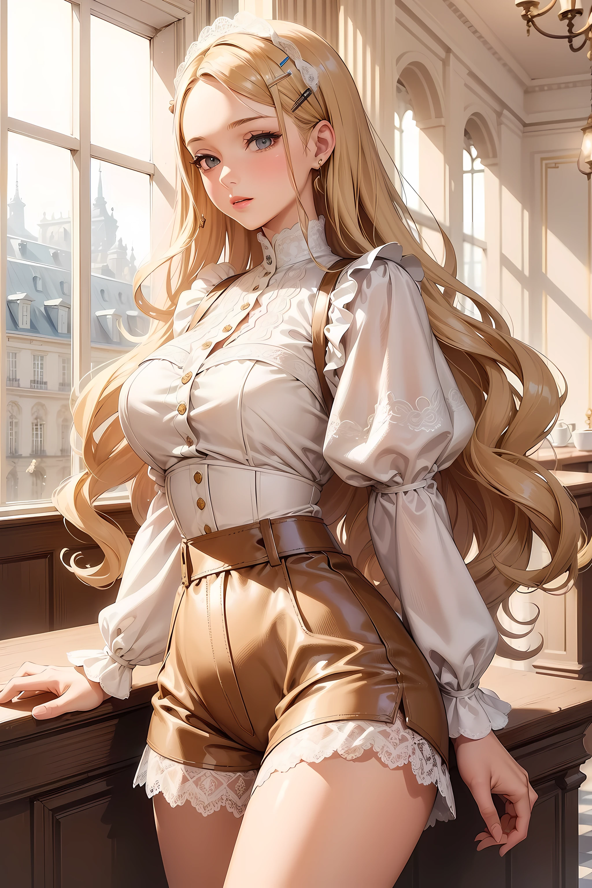 (((Masterpiece))), a top influencer woman, top quality, super detailed, sweet and sophisticated, classic style, fair skin, long curly blonde hair in hair clip, white lace crop top with puff sleeves, white high waist button up shorts, Paris cafe background