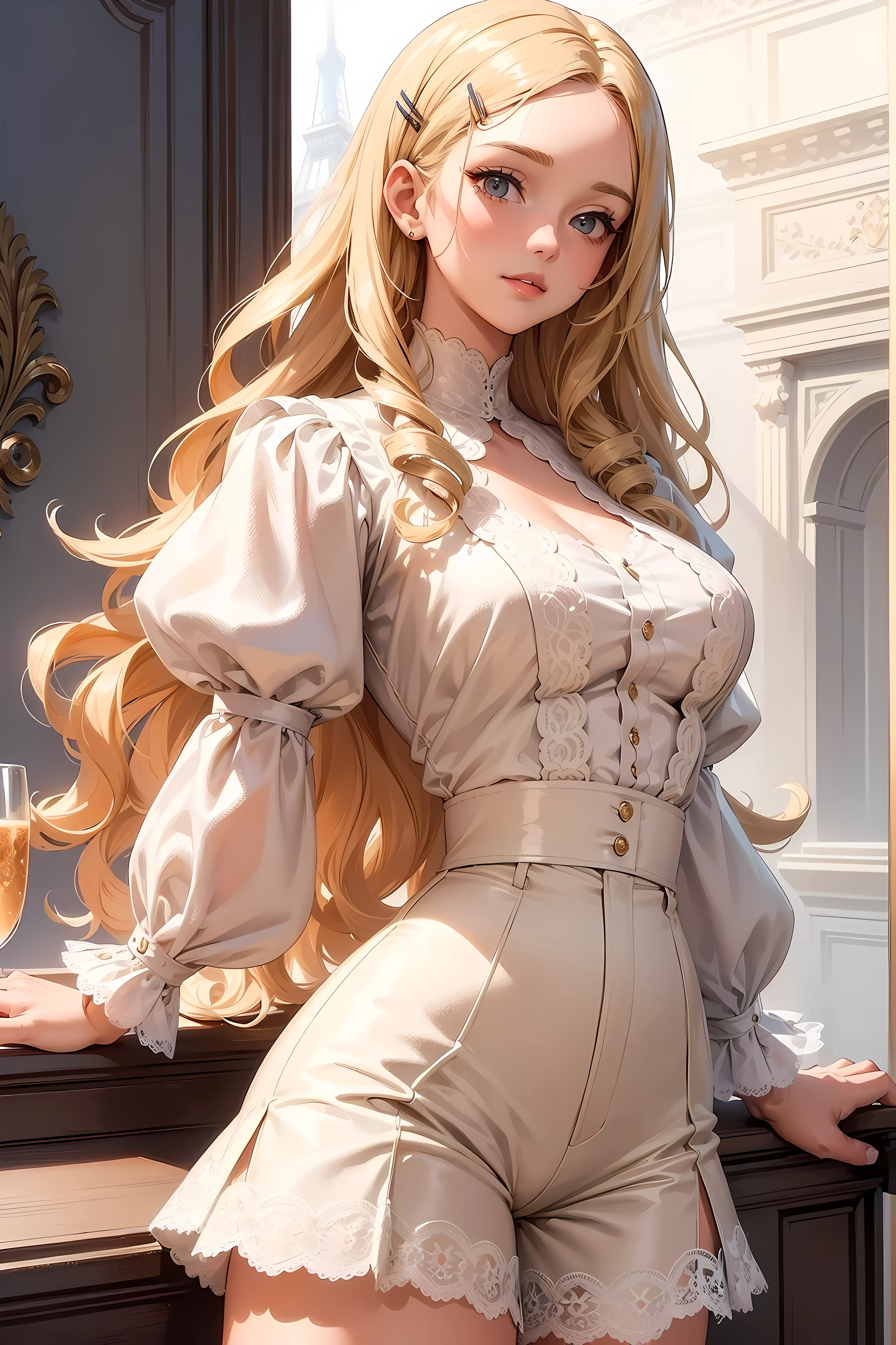 (((Masterpiece))), a top influencer woman, top quality, super detailed, sweet and sophisticated, classic style, fair skin, long curly blonde hair in hair clip, white lace crop top with puff sleeves, white high waist button up shorts, Paris cafe background
