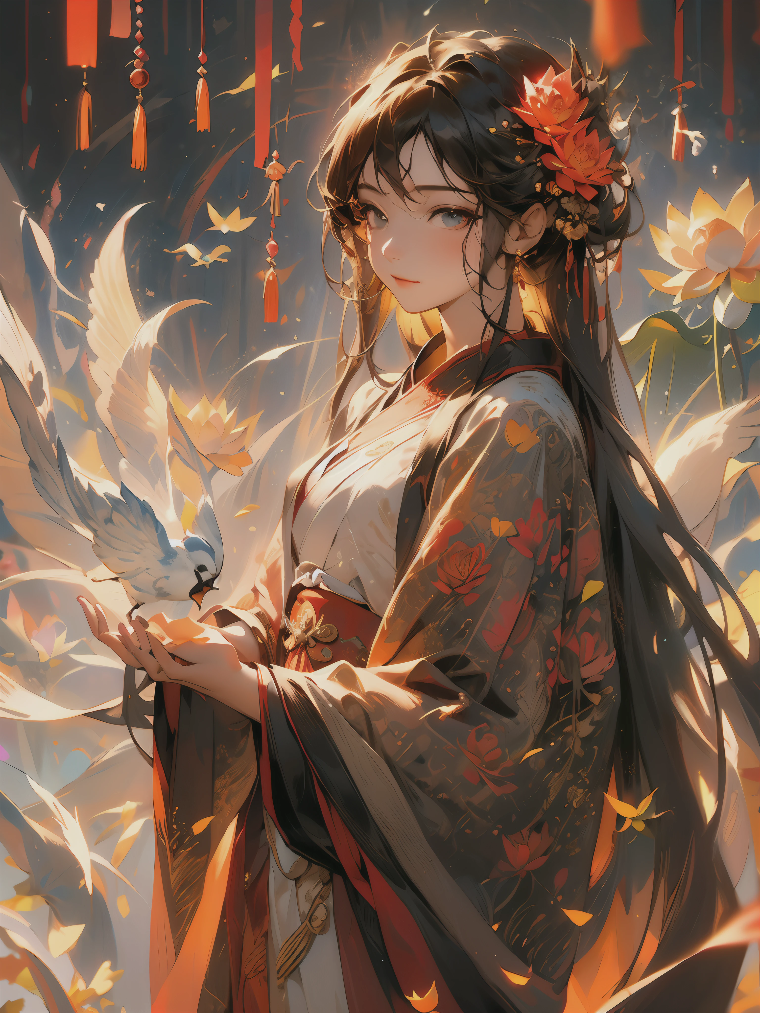 zanhua, Best quality, masterpiece, 1 girl, holding flower, red flower on head, wearing hanfu, in red and white, looking at viewer, bird, flower, black hair, ((lotus)), solo, hair ornament, water, reflection, daylight, cinematic light,