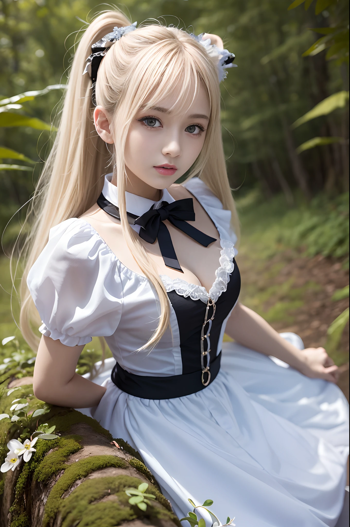 masterpiece、top-quality、hight resolution、extremely detailed photo、profetional lighting、
Alafi in white dress and black shoes poses for photo、a sexy maid in a magical forest、doress、Lori in a dress、gorgeous maid、maid clothes、maid dress、a maid in a magical forest、Maid in uniform、Anime girl in maid clothes、Dressed in beautiful white、portlate、School Uniforms、bright expression、Young shiny shiny white shiny skin、Best Looks、Blonde reflected light、Platinum blonde hair with dazzling highlights、shiny light hair,、Super long silky straight hair、Beautiful bangs that shine、Glowing crystal clear attractive big blue eyes、Very beautiful nice cute 16 year old girl、Lush bust、poneyTail、