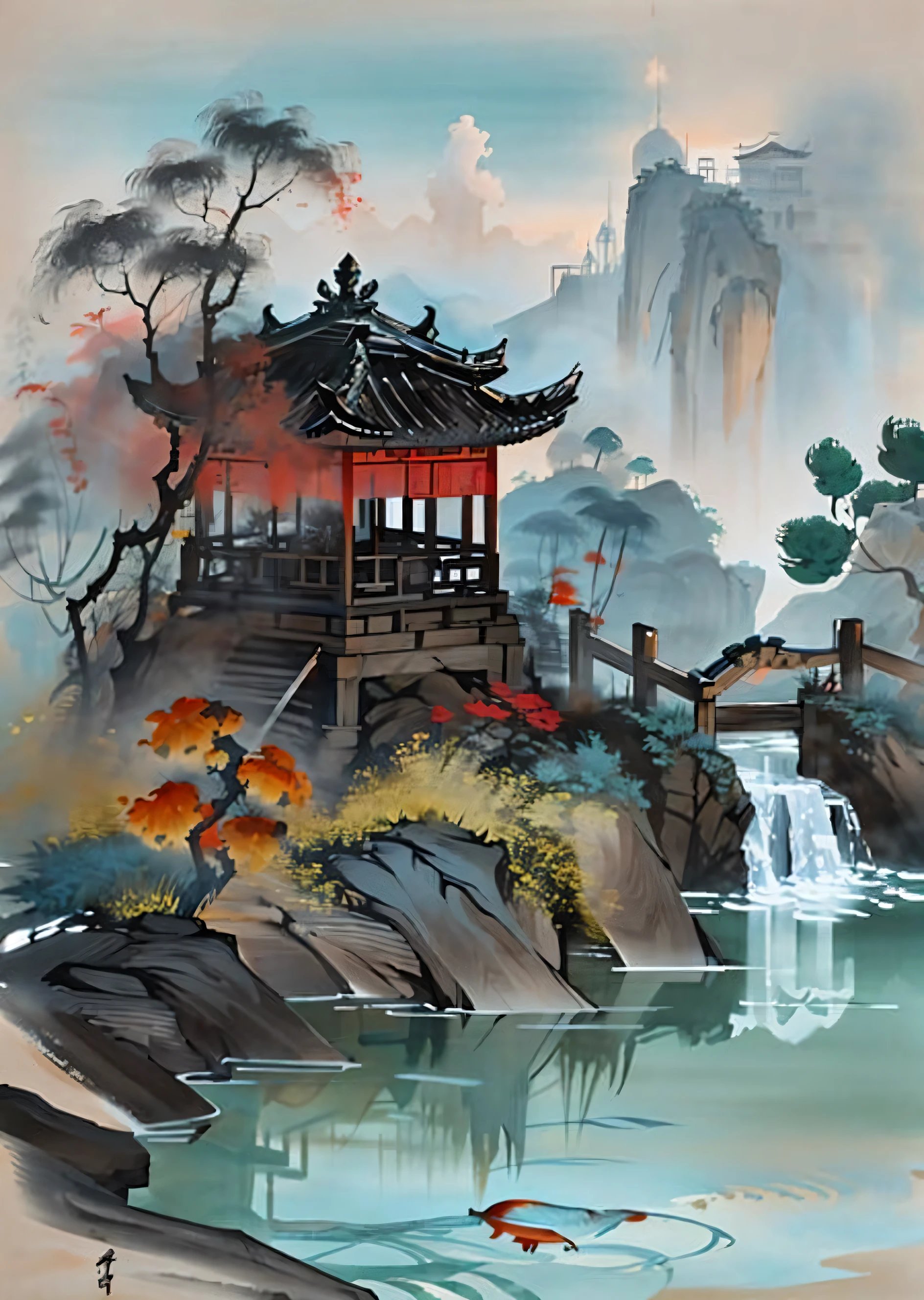 huaniao, [(white background:1.5)::5], mid shot, full body, chinese style, flowers,((fish)),stone fragment, beautiful detailed water,pool,