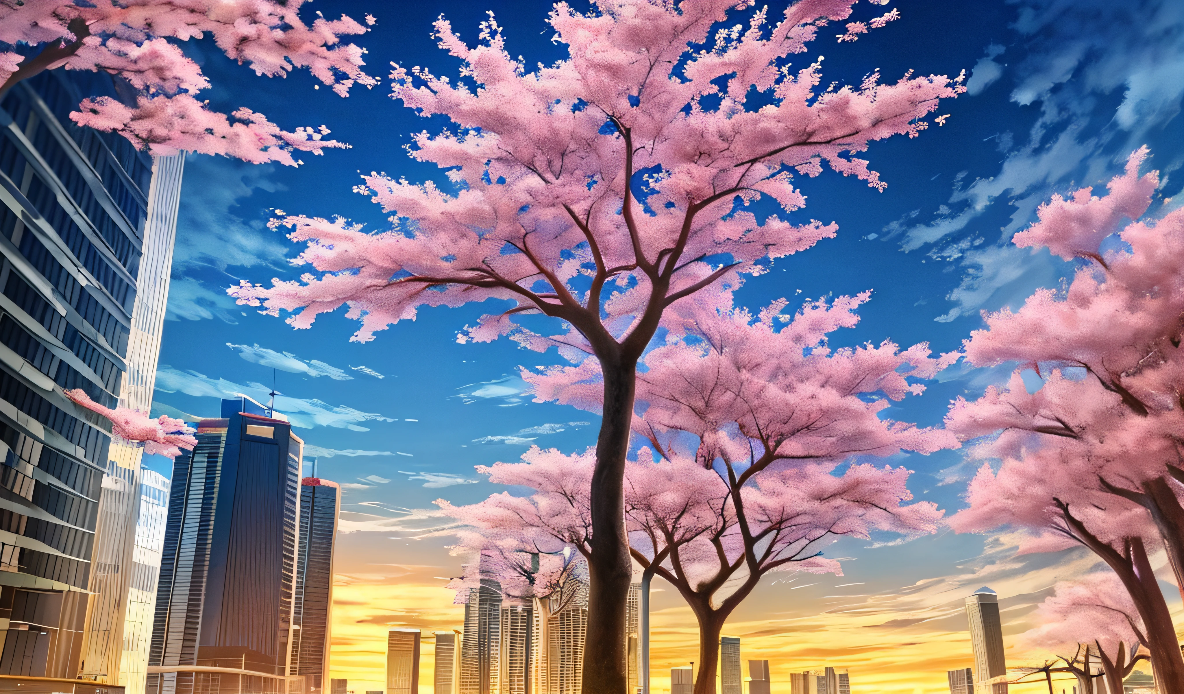beautiful anime scenery,author:Shinkai sincerely , Sakura Tree , Skyscrapers , City , Sakura Leaves Floating , Spring , Wind , Cloud , Sky , Evening