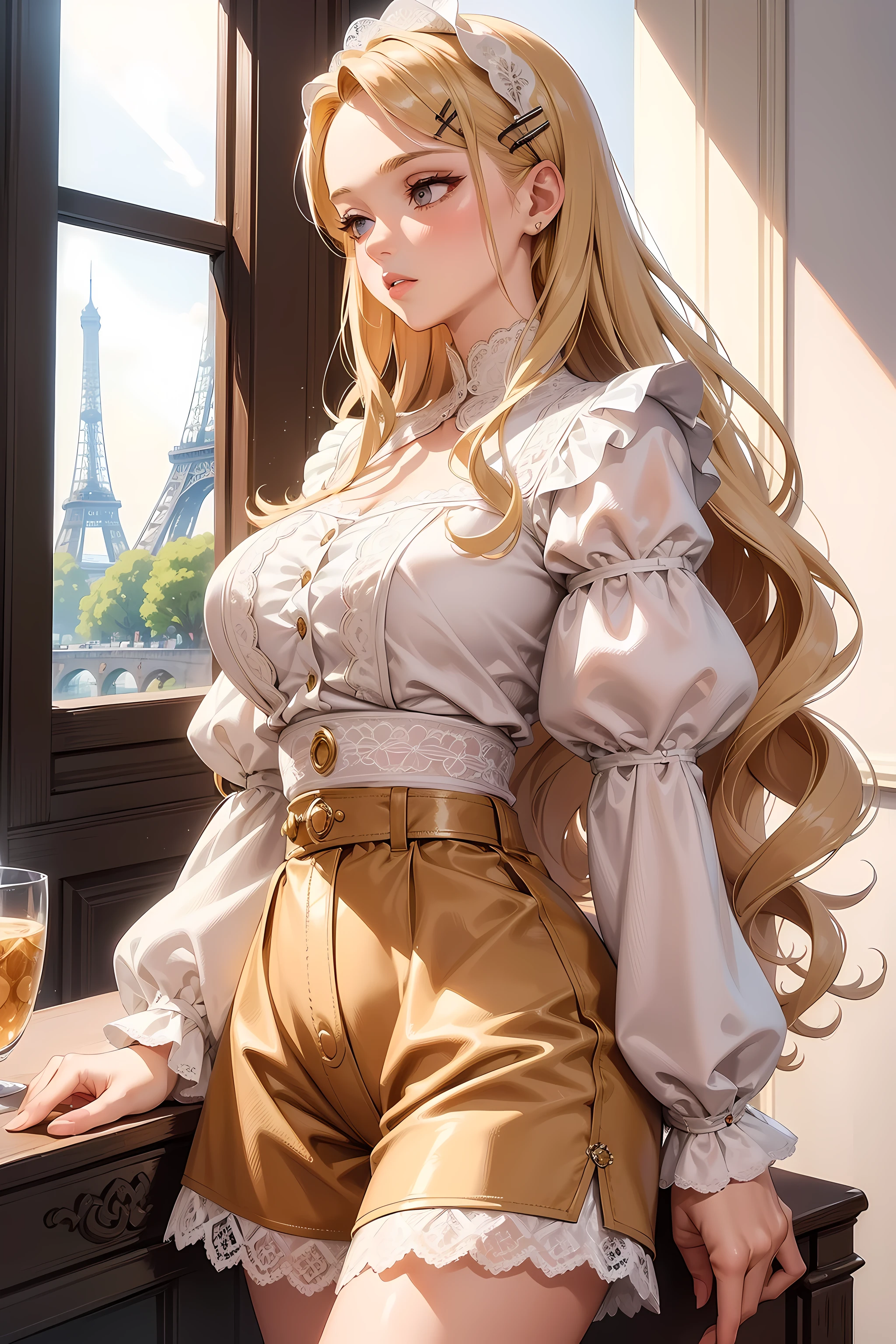 (((Masterpiece))), a top influencer woman, top quality, super detailed, sweet and sophisticated, classic style, fair skin, long curly blonde hair in hair clip, white lace crop top with puff sleeves, white high waist button up shorts, Paris cafe background