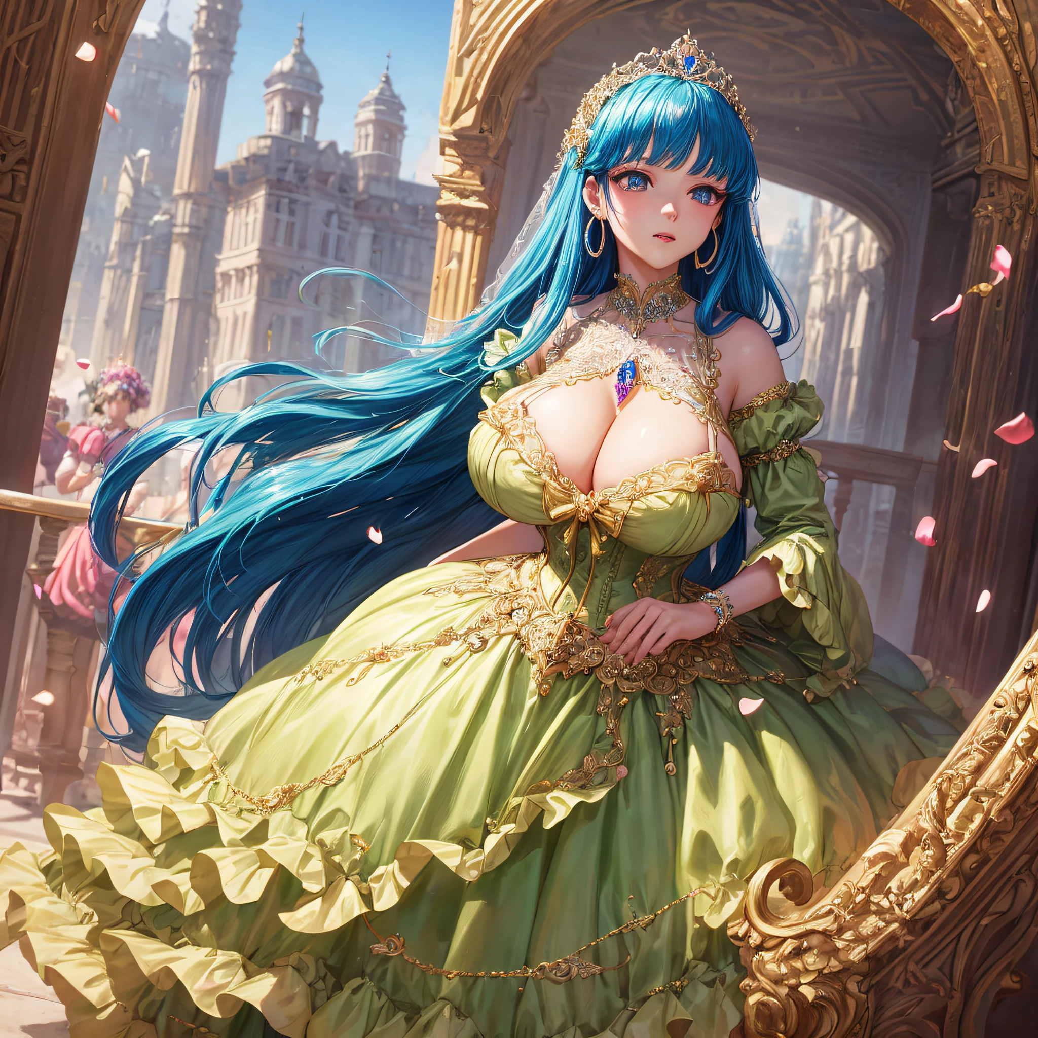 (masterpiece, best quality,extremely detailed,moe anime art style:1.1),1girl, ((solo)), cute, kawaii,digital art,((1 bling-bling anime princess wearing beautiful embroidery and jeweled ruffled gorgeous princess ballgown with voluminous full length hoop skirt)),((crinoline)),long train,voluminous frills,(gorgeous embroidery and beautiful lace),(very gigantic boobs,cleavage,skindentation),((shiny hair,very long straight hair)),((finely detailed face and eyes)),clear pupil,extremely gorgeousfull hair ornament,(bling-bling jeweled extremely gorgeousfull tiara),((bling-bling gorgeous gemstone jewelry)),long veil,((beautiful background,fantasy)),flowers,flower petals flowing,full body,(looking away),((beautiful embroidery and jeweled ruffled gorgeous princess ballgown with voluminous full length hoop skirt))