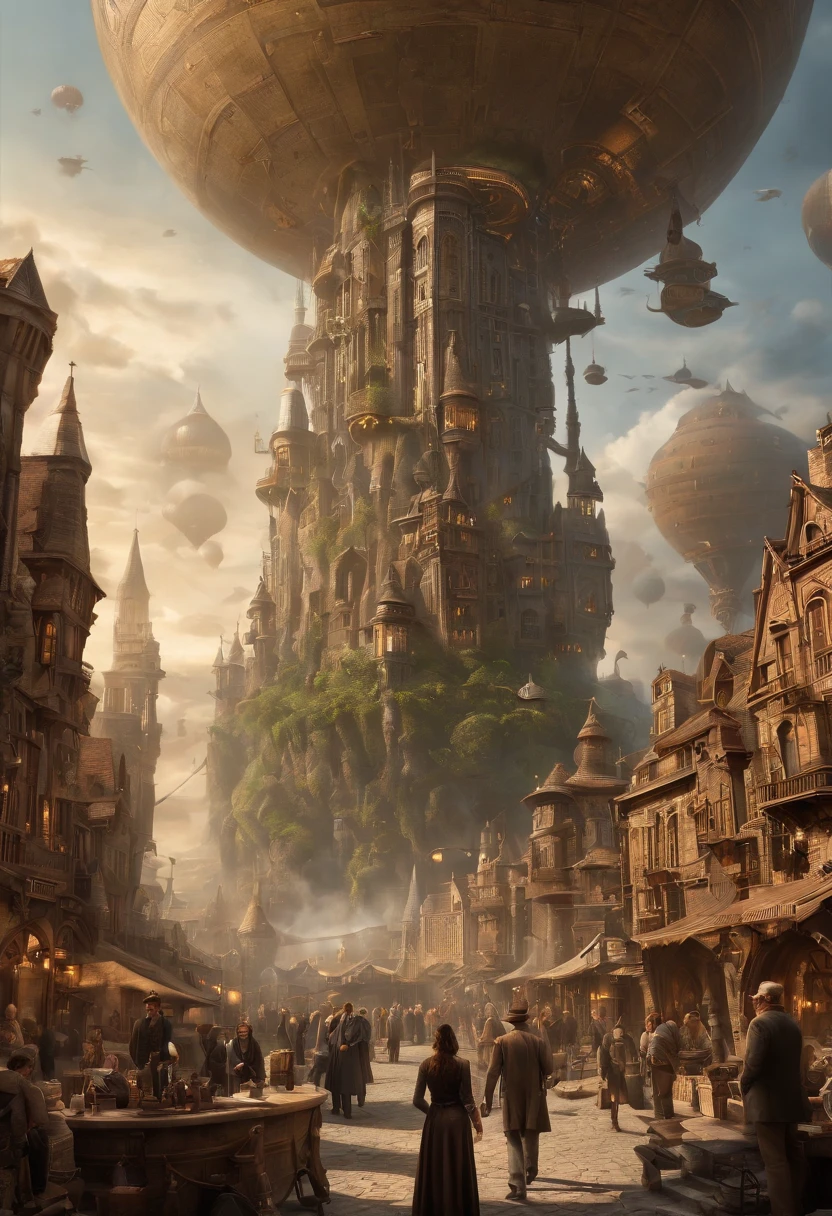 Fantasy art, very wide angle shot, Painting, Detailed , Deviant-art, contest winner, concept-art, , tim hildebrandt, fantasy, ((((Steampunk City)))) , , during night , , dreamlike realism, art stations ,, The style of Adrianous Everson ,Not aesthetic architecture, cinematic Film still from,greg rutkovsky, Create reminiscent of《Inception》The scenery of the movie, Reality becomes a labyrinth of ever-changing architecture and anti-gravity landscapes. Embrace the surreal and inexplicable nature of the concept, Create scenes that challenge perception. Use intricate details and dynamic design,Immerse the audience in a world where the laws of physics are rewritten. Depicted《Inception》The sense of awe and disorientation evoked by the film.