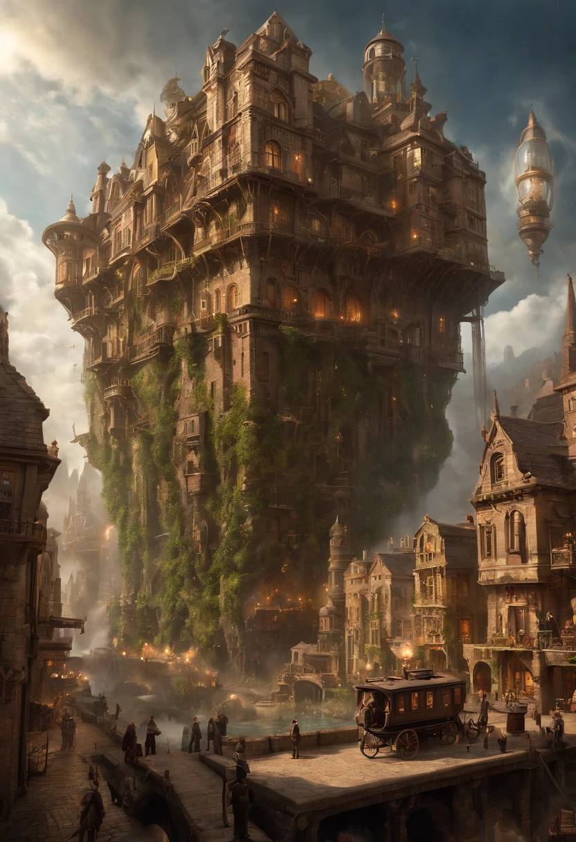 Fantasy art, very wide angle shot, Painting, Detailed , Deviant-art, contest winner, concept-art, , tim hildebrandt, fantasy, ((((Steampunk City)))) , , during night , , dreamlike realism, art stations ,, The style of Adrianous Everson ,Not aesthetic architecture, cinematic Film still from,greg rutkovsky, Create reminiscent of《Inception》The scenery of the movie, Reality becomes a labyrinth of ever-changing architecture and anti-gravity landscapes. Embrace the surreal and inexplicable nature of the concept, Create scenes that challenge perception. Use intricate details and dynamic design,Immerse the audience in a world where the laws of physics are rewritten. Depicted《Inception》The sense of awe and disorientation evoked by the film.