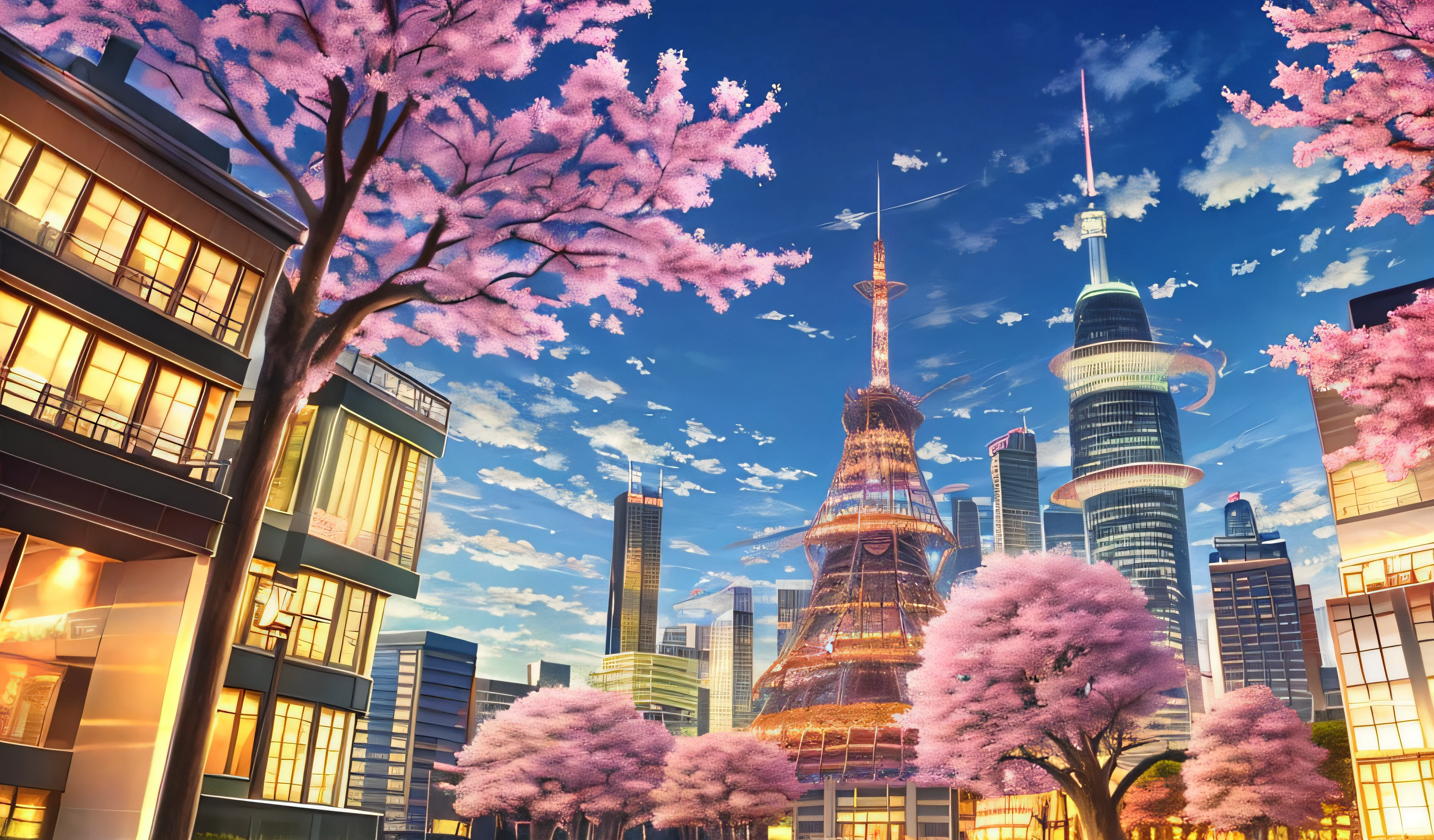 beautiful anime scenery,author:Shinkai sincerely , Sakura Tree , Skyscrapers , City , Sakura Leaves Floating , Spring , Wind , Cloud , Sky , Evening