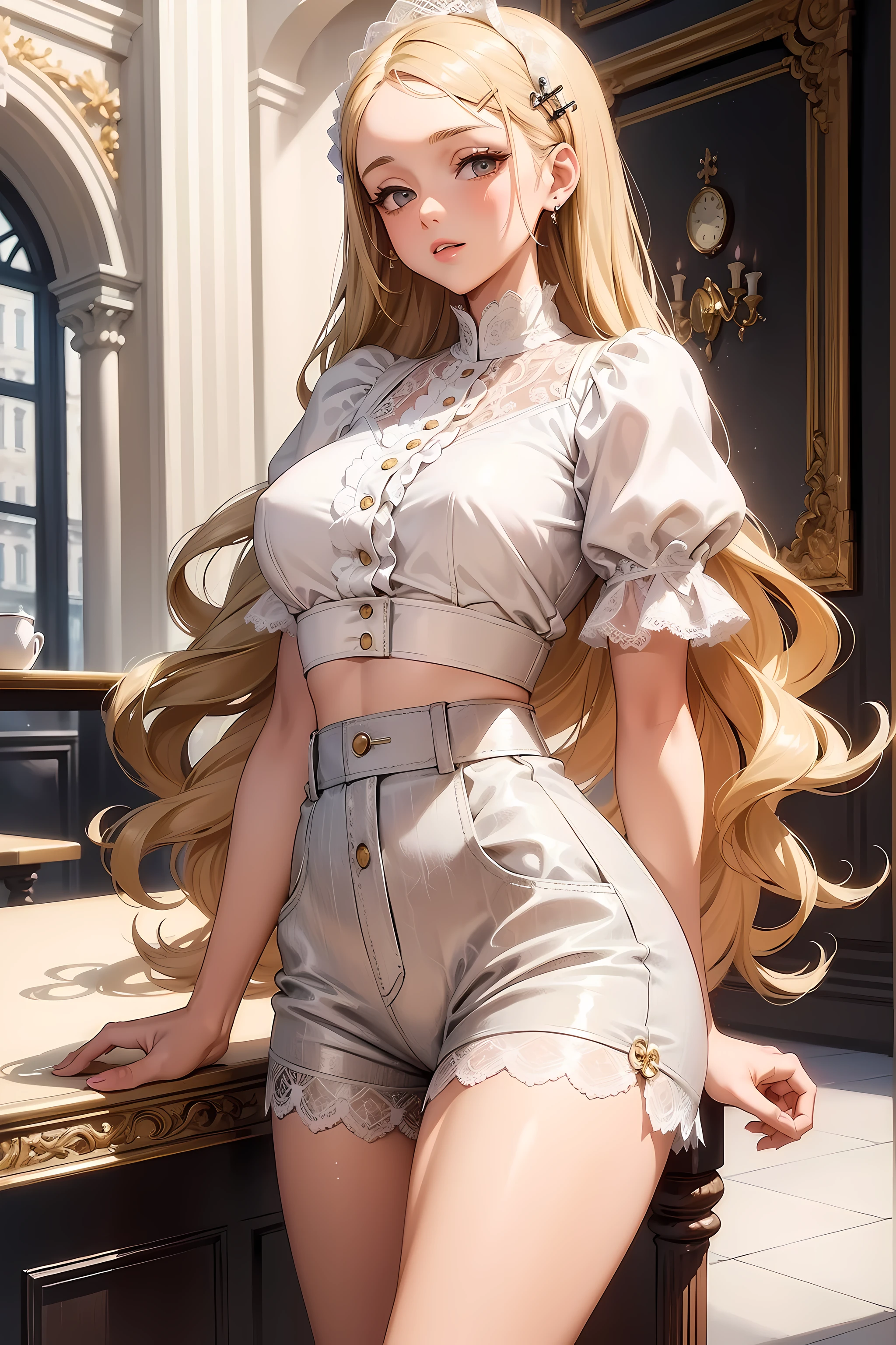 (((Masterpiece))), a top influencer woman, top quality, super detailed, sweet and sophisticated, classic style, fair skin, long curly blonde hair in hair clip, white lace crop top with puff sleeves, white high waist button up shorts, Paris cafe background