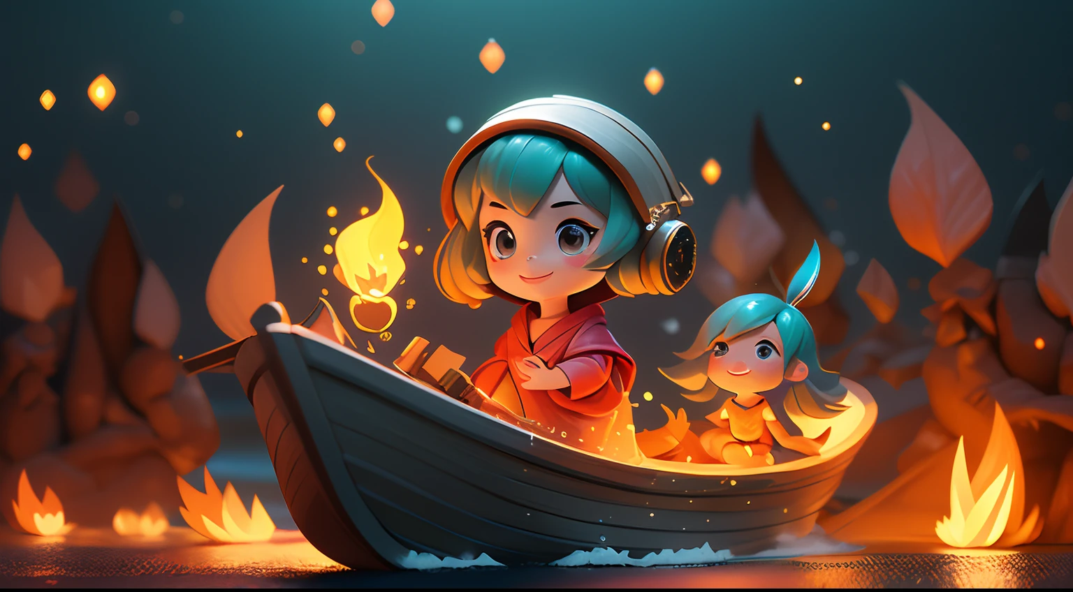 Digital Art,photoRealstic、 prety woman(nendroid) 、Rays around the woman(Fire Spirit, Water Spirit, Earth Spirit), Pose on the boat, bio luminescent、