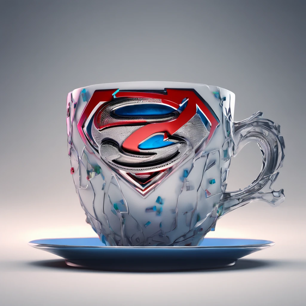 A tea cup, is made of Superman colour and structur,Digital art, intricate details, highly detailed, close-up, hyper detailed, trending on artstation, sharp focus,octane render, unreal engine, highly detailed, intricate,full view in frame,small size