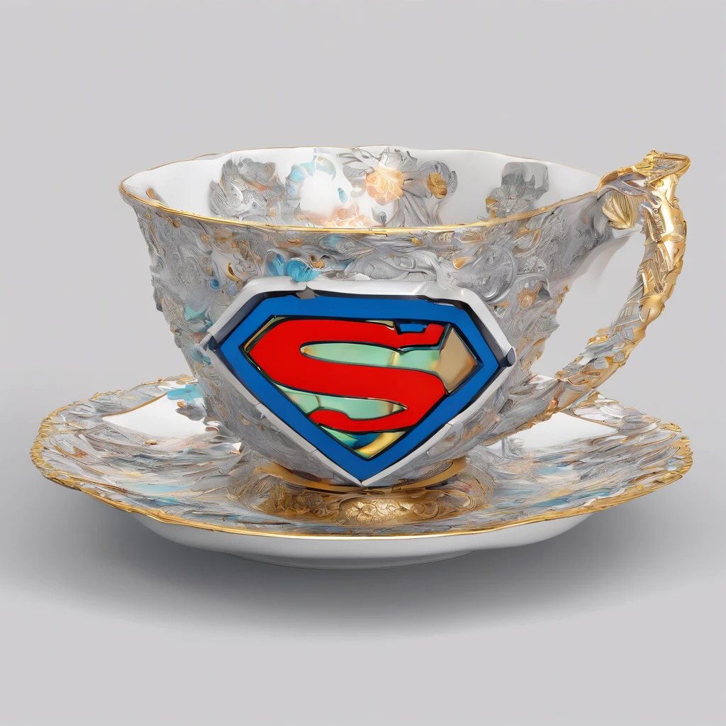 A tea cup, is made of Superman colour and structur,Digital art, intricate details, highly detailed, close-up, hyper detailed, trending on artstation, sharp focus,octane render, unreal engine, highly detailed, intricate,full view in frame,small size