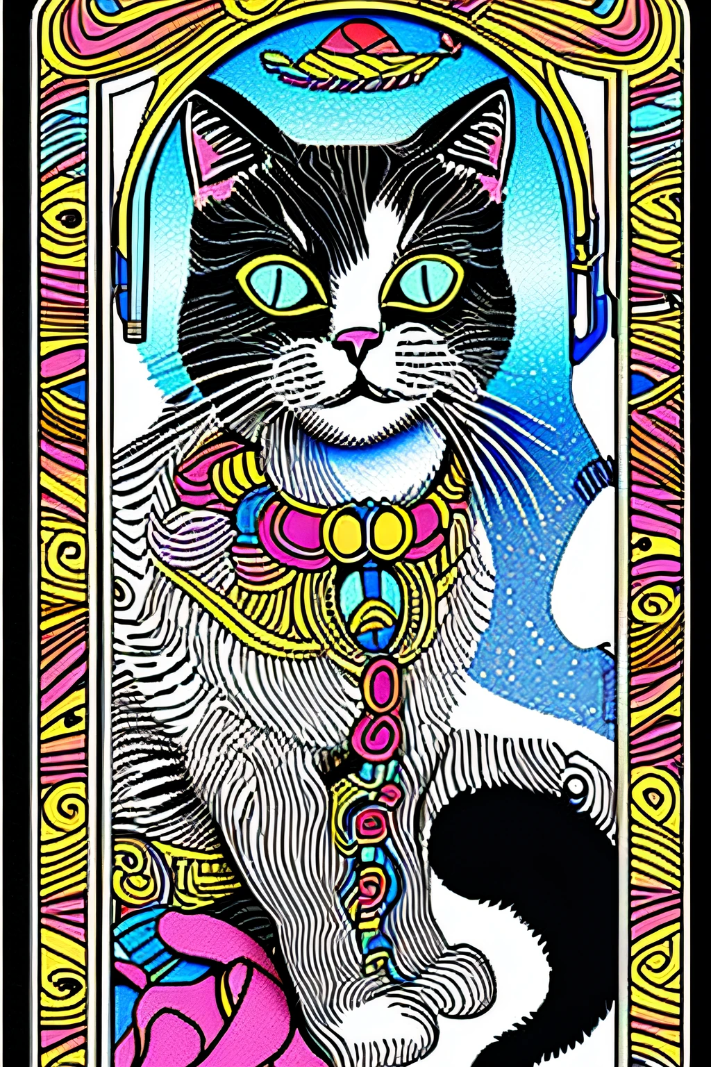 (masterpiece、top-quality、top-quality、Beautifully Aesthetic:1.2)、(((Cute artistic cat tarot card style design pattern)))、Highly detailed apparel design、colourfull、highestdetailed