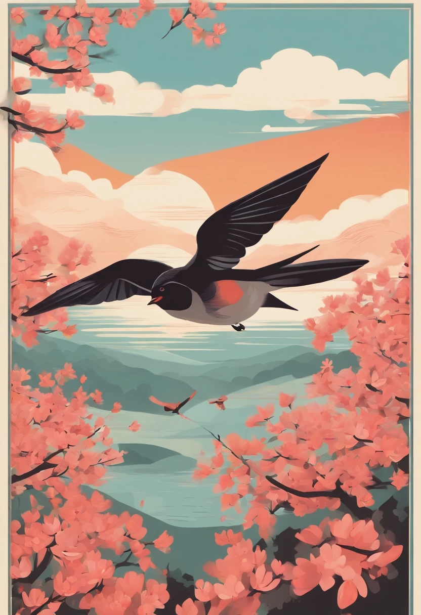Flat illustration style,Spring,Spring colors,There are swallows flying in the sky,willowy,Non-realistic,Business posters