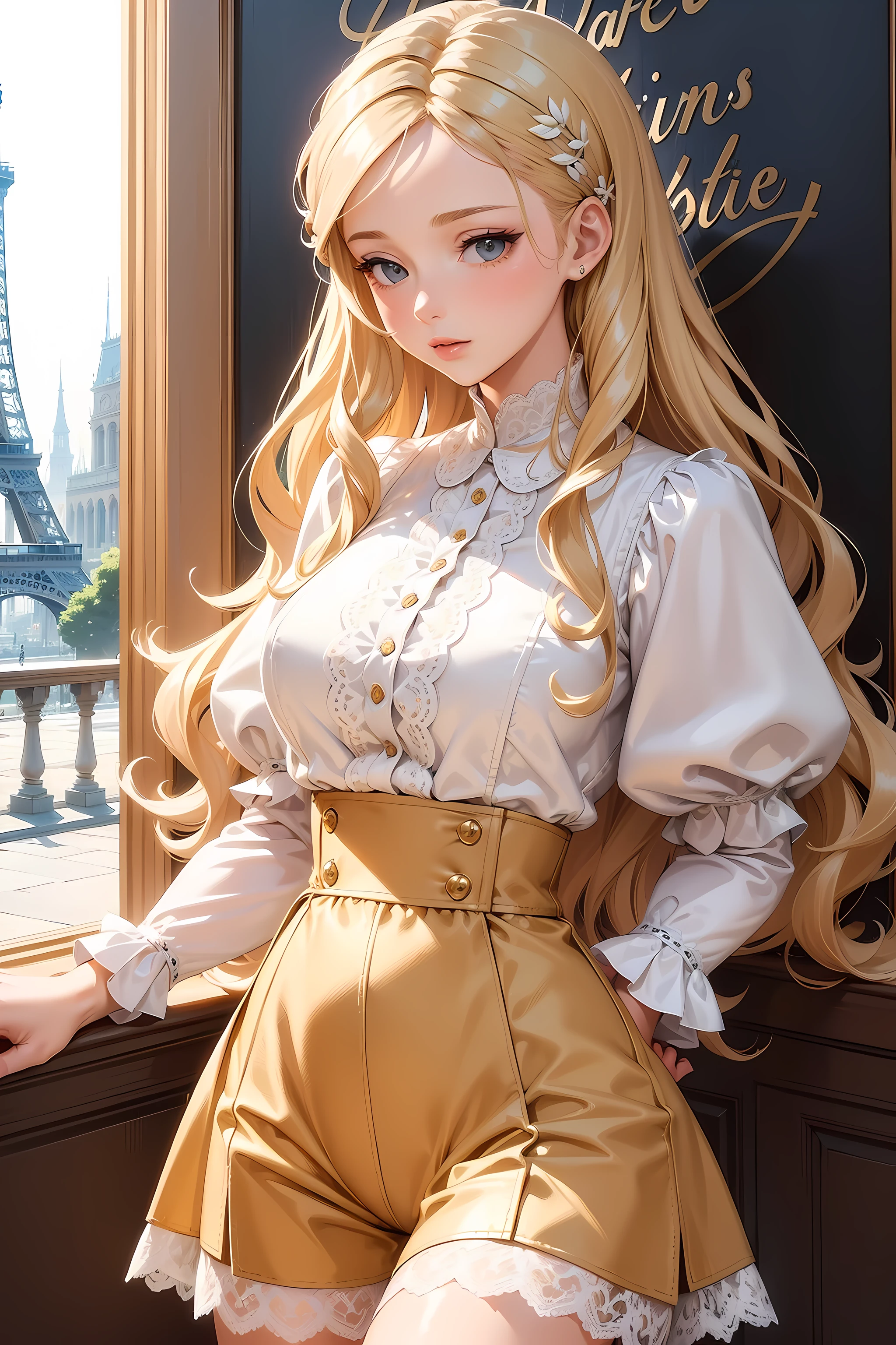 (((Masterpiece))), a top influencer woman, top quality, super detailed, sweet and sophisticated, classic style, fair skin, long curly blonde hair in hair clip, white lace crop top with puff sleeves, white high waist button up shorts, Paris cafe background