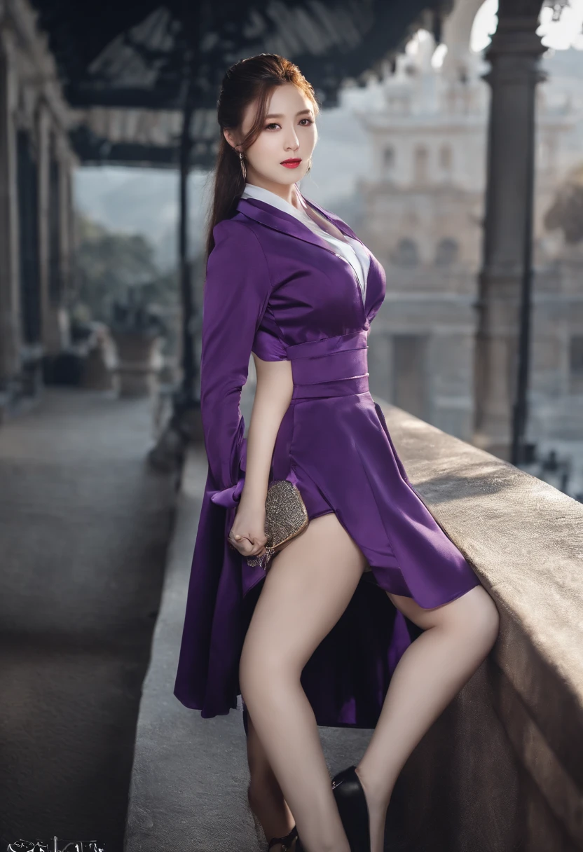 best qualtiy，超高分辨率，1girl，Female clergy，Clergy attire，lewd nun，Nun costumes，adolable，Black and white clothes，（Kpop idol），（aegyo sal：1），（Gorgeous Hair in Long Purple：1），（blue colored eyes），It looks like in front of the audience，The whole body of the character，facing the front there，highly detailed exquisite fanart, Great character design，anatomy correct，highly detailed character，Stiletto heels，Bare legs，Western-style magic，Religious atmosphere