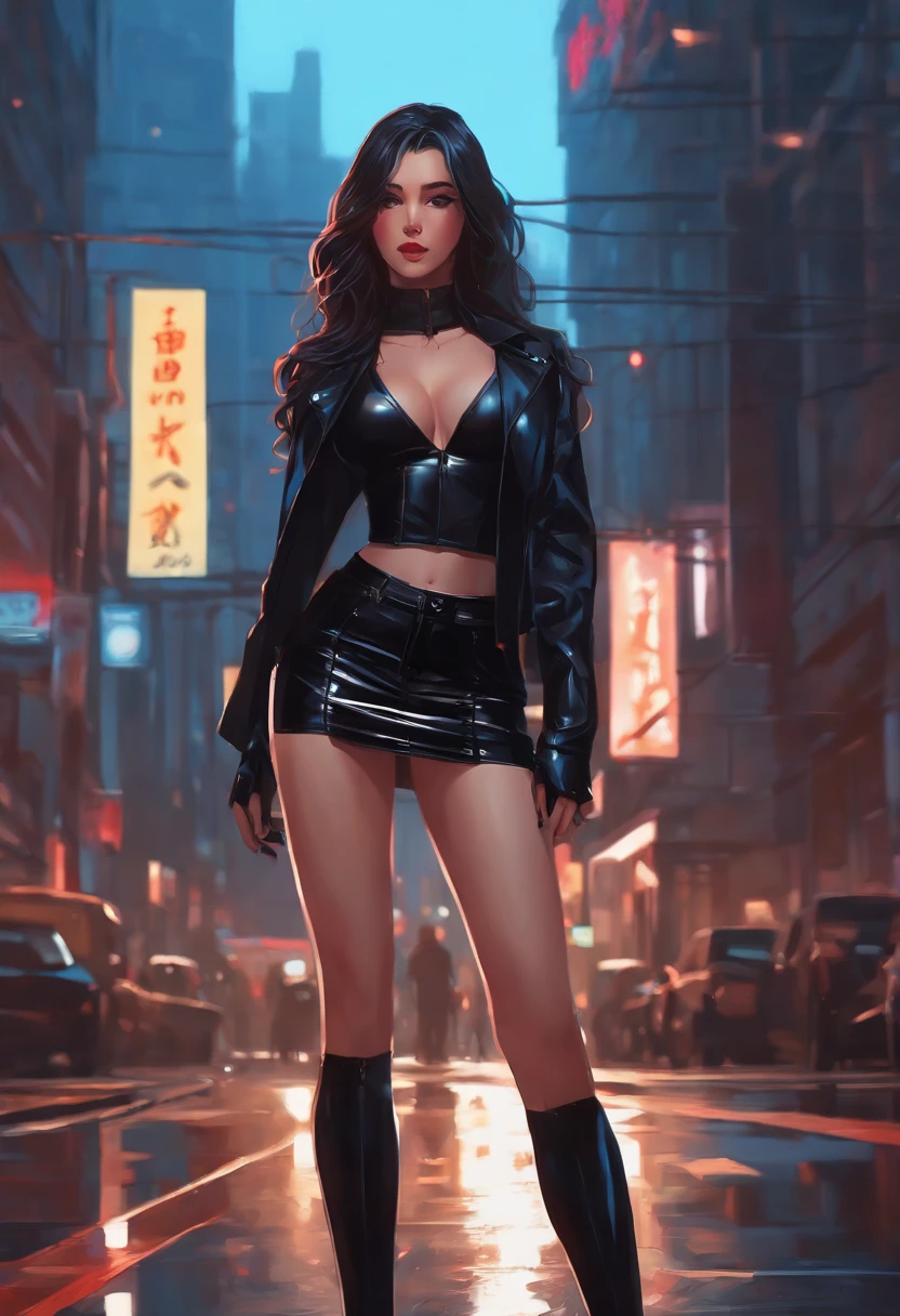 Anime girl standing on city street wearing leather skirt and black erotic lingerie, Long-haired Ilya Kuvshinov, Guviz-style artwork, Anime art wallpaper 8 K, Guwitz at the art station Pisif, Guvitz at Pisif Art Station, cyberpunk anime art