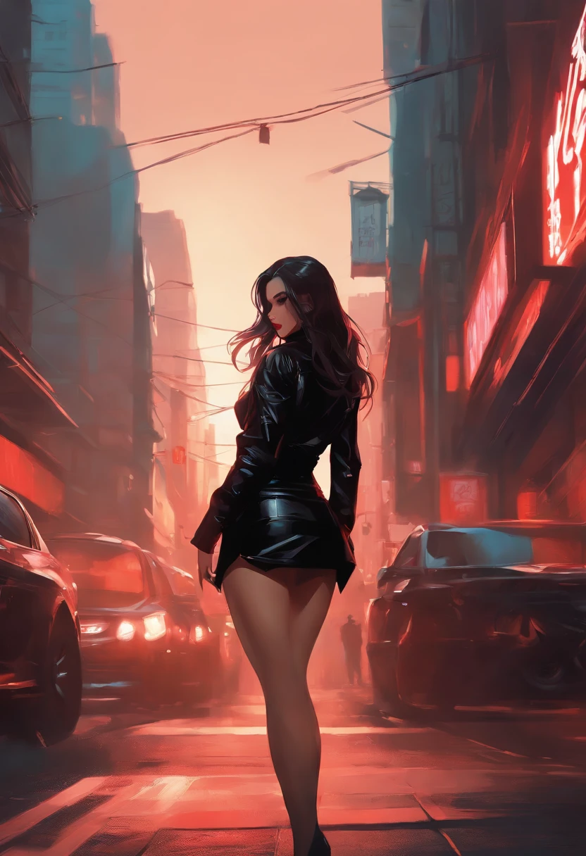 Anime girl standing on city street wearing leather skirt and black erotic lingerie, Long-haired Ilya Kuvshinov, Guviz-style artwork, Anime art wallpaper 8 K, Guwitz at the art station Pisif, Guvitz at Pisif Art Station, cyberpunk anime art