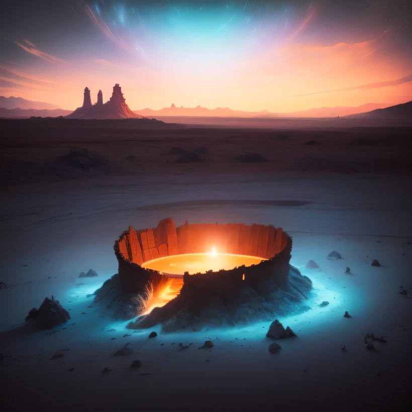 Alien base (Very detailed) In the mountainous desert，There are several exhaust fans and chimneys, Some spotlights come out of the base to illuminate dark places, (Extreme nights), Some clouds in the night sky, Some of the surrounding planets provide air to unknown planets，The farthest giant volcano is erupting