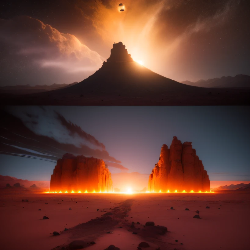Alien base (Very detailed) In the mountainous desert,There are several exhaust fans and chimneys, Some spotlights come out of the base to illuminate dark places, (Extreme nights), Some clouds in the night sky, Some of the surrounding planets provide air to unknown planets,The farthest giant volcano is erupting
