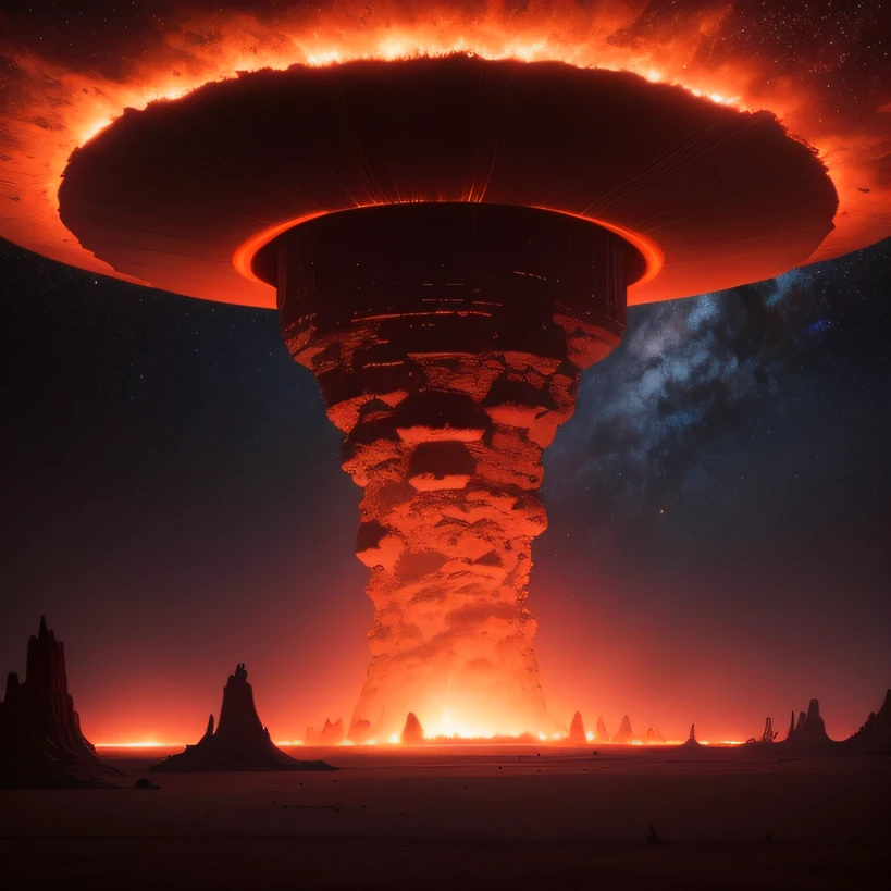 Alien base (Very detailed) In the mountainous desert,There are several exhaust fans and chimneys, Some spotlights come out of the base to illuminate dark places, (Extreme nights), Some clouds in the night sky, Some of the surrounding planets provide air to unknown planets,The farthest giant volcano is erupting