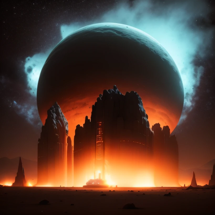 Alien base (Very detailed) In the mountainous desert,There are several exhaust fans and chimneys, Some spotlights come out of the base to illuminate dark places, (Extreme nights), Some clouds in the night sky, Some of the surrounding planets provide air to unknown planets,The farthest giant volcano is erupting