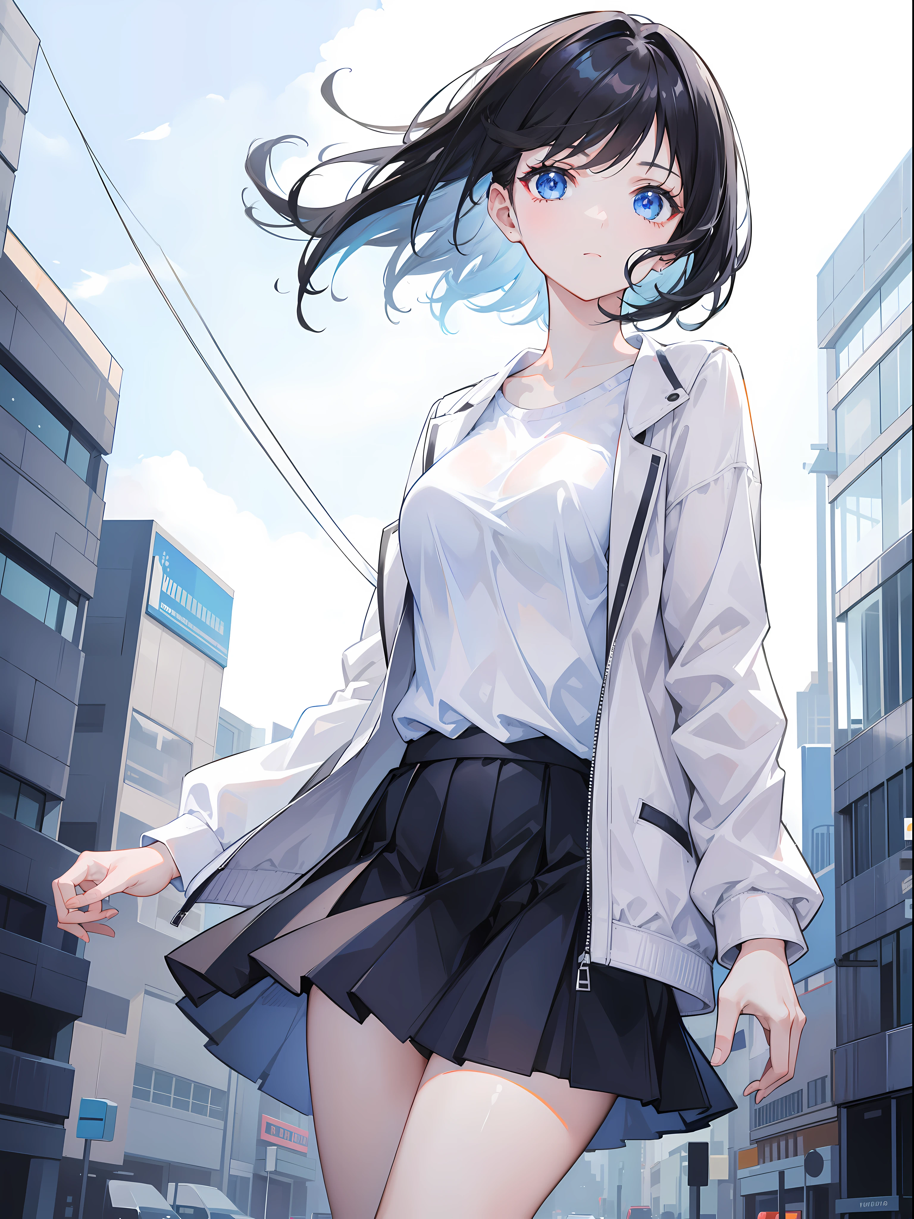1 girl, short black hair, blue eyes, wearing plain white shirt, wearing jacket, short skirt, city, high res, ultrasharp, 8k, masterpiece, looking at viewer