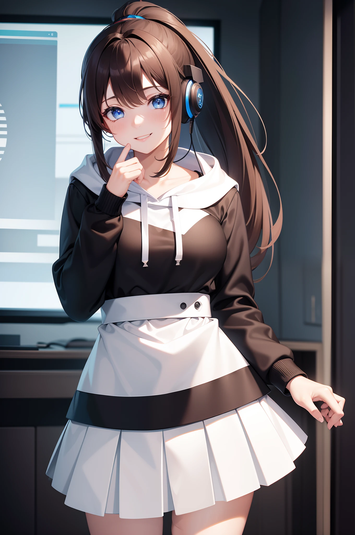 masterpiece, highres, best quality, black hoodie, 1girl, solo, brown hair, smile, blue eyes, high quality artstyle, ultra detailed, white skirt, quality shadows, 8K, ponytail, gamer, streamer, headphones