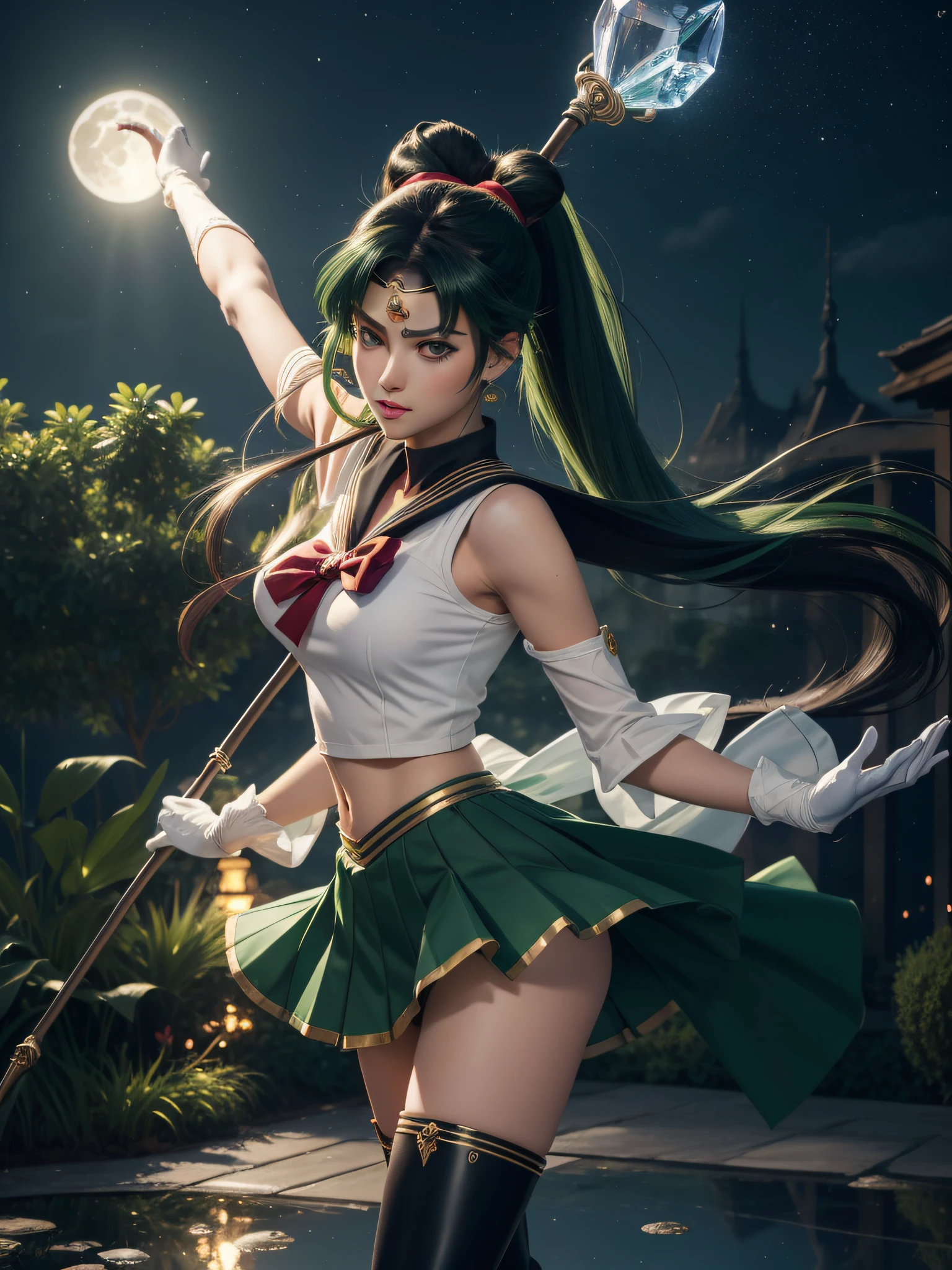 Arti modern anime. angled view, face closeup action portrait beautiful "Sailor Pluto" from Sailor Moon, long green ponytail hair, hair flowing in the wind, leaning forward, slim body, highly ornamented and detailed "dark green skirt", "white top" "white gloves", "red chest bow", angle, "green knee high heel boots", depth of field blur effect, night, photorealistic. cinematic lighting, highly detailed. best quality, 4k, Better hand, perfect anatomy, coy cute flirty focused expression, reflection, flat chested, highly ornamented clothing, fight battle pose, large full moon in the background, holding a (long staff rod with a crystal heart), enchanting garden in the background