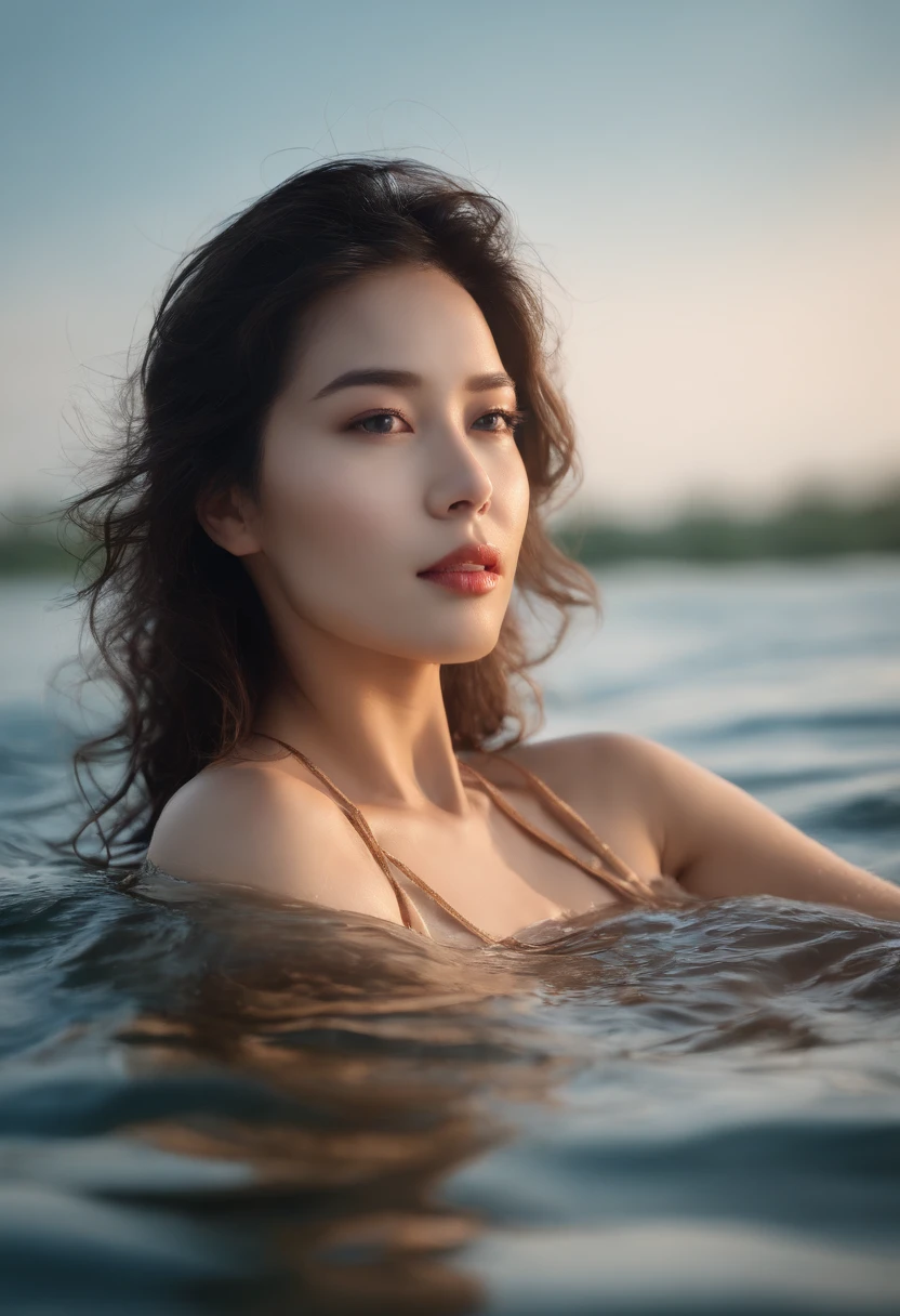 masterpiece, hightquality, face perfect, beautiful expression, see through bikini, cleavage of the breast,(Medium chest:1.2), perfect round breasts, 小柄, skiny, Perfect female body, ((narrow waists))), Fancy, High class, bangss, Lilac eyes, Horizon, mare, blue open sky, playing in the water, realisitic, vague, under the boobs, a navel, wet, a wet body, thighs thighs thighs thighs,((frombelow))((put your hair up))),Facial Sitting, looking at the viewers, red blush))), NSFW, (eyecontact)、Photo background、presentation、flawless skin、pretty skin、Soft skin、shinny skin、intricate detailes、delicate patterns、