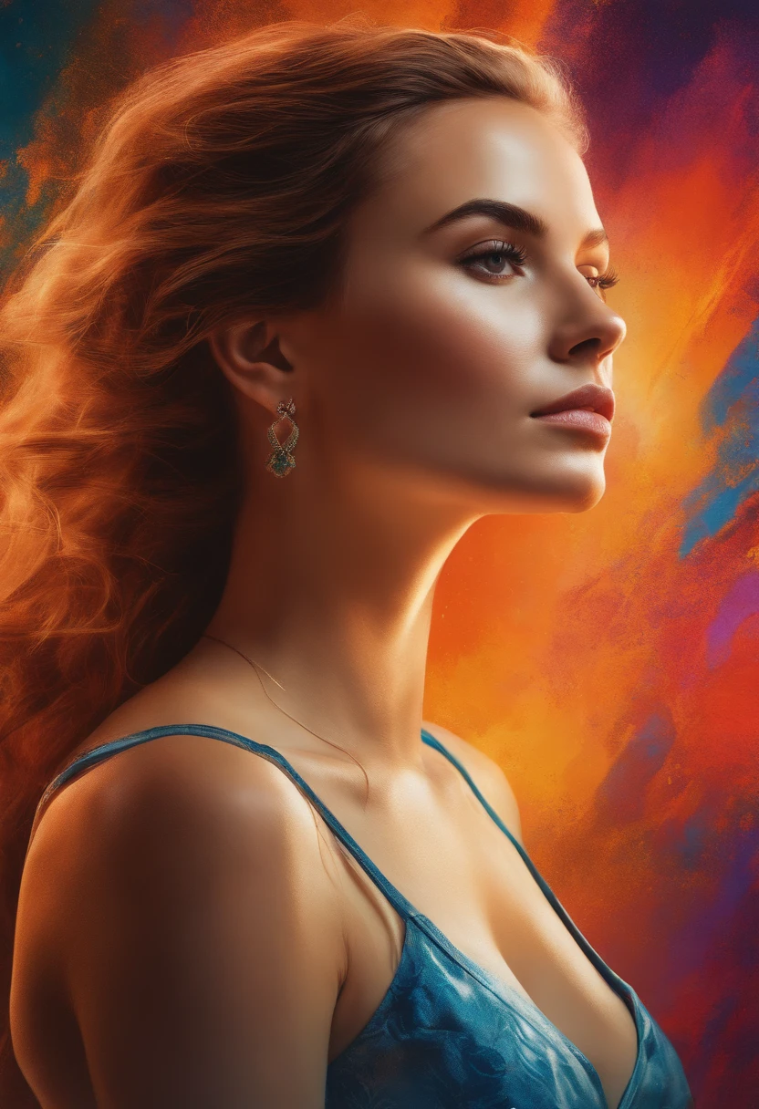 half-length portrait of a beautiful young woman against a splater background, fun adventure, cover art, illustration, solo