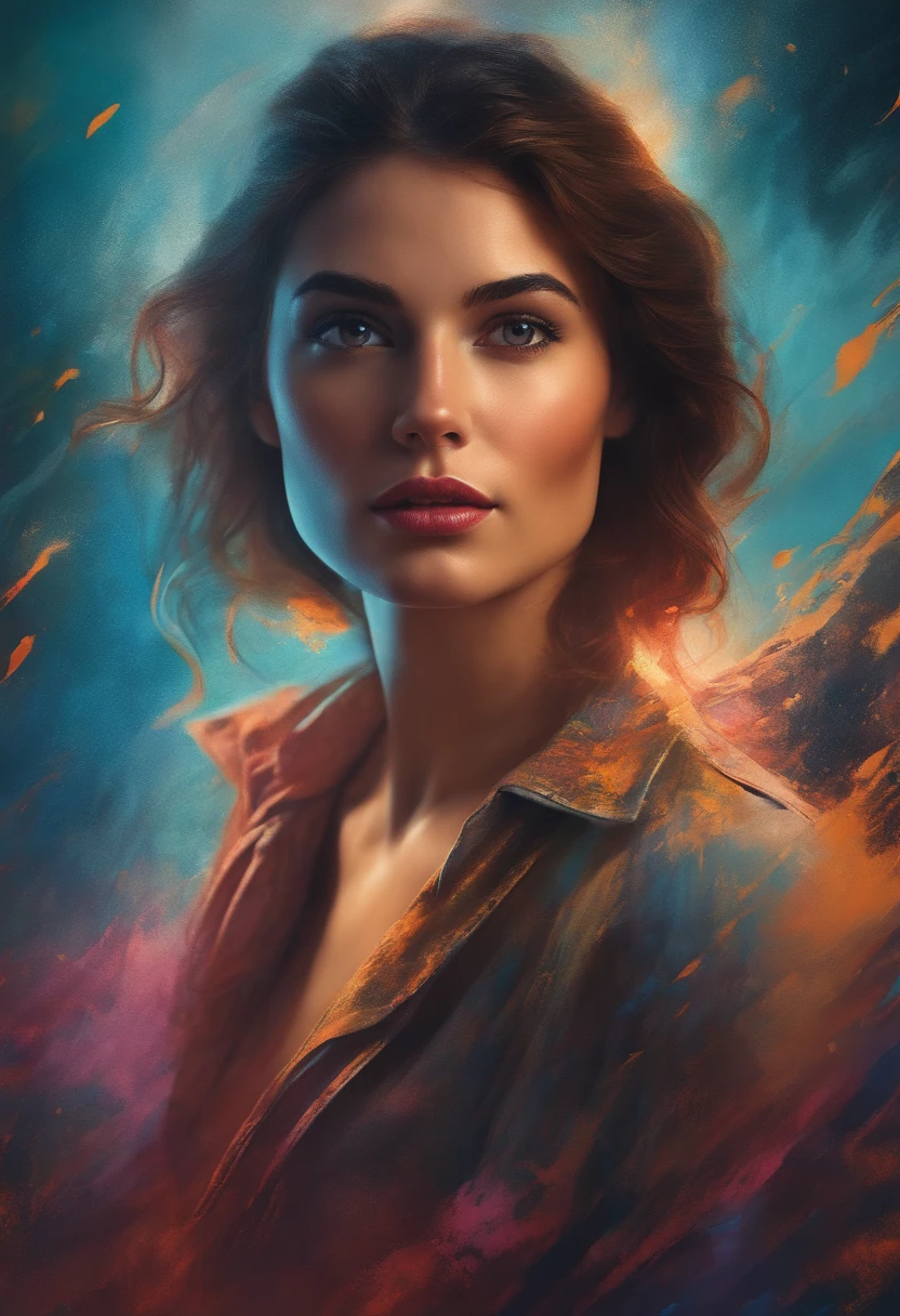 half-length portrait of a beautiful young woman against a splater background, fun adventure, cover art, illustration, solo