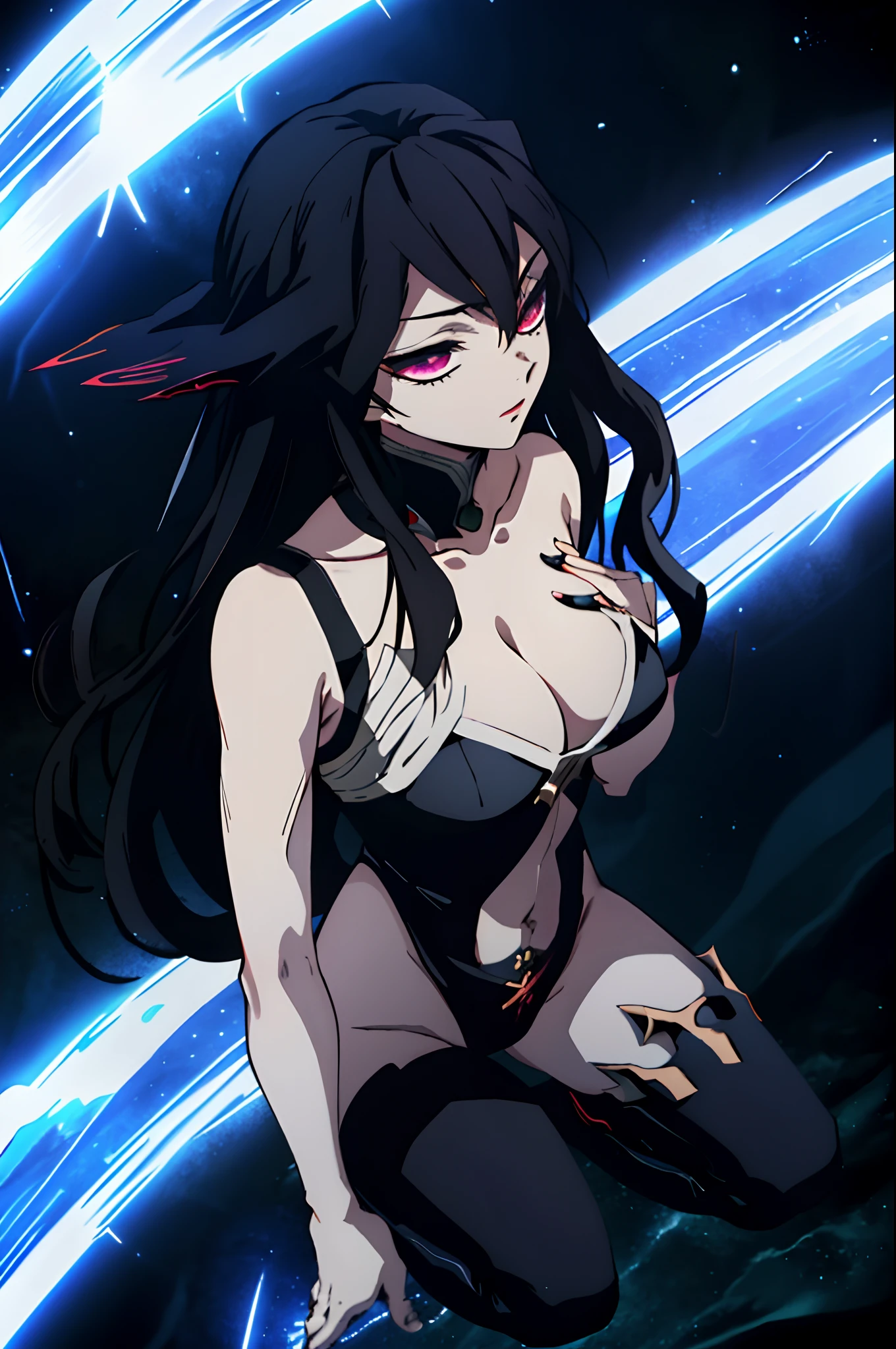 masterpiece, best quality, masterpiece, (1girl), (LLChar), big breasts, cleavage, body stocking, evil witch, dark energy, void, empty eyes, (extremely evil), dark magic, dark forest, negaive energy, hell, void, stars, black hair,