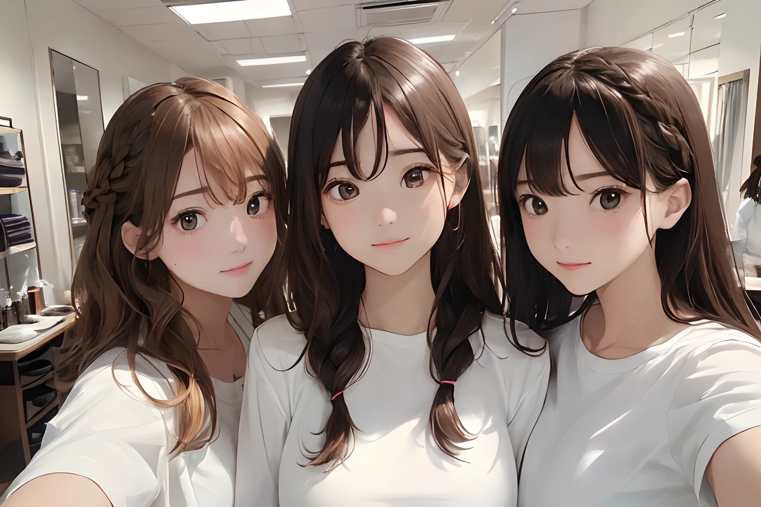 (frombelow:1.4)、(Three girls:1.4),(First 2 people、Back 3 people）、Light Brown Fringe Hair、Braided hair、disheveled hair、Light brown eyes、(dignified expression)、(爆乳:1.4)、Emphasize the valley、fittingroom、(Photorealsitic)、Shadow、(intricate detailes:1.2)、(​masterpiece、:1.3)、(top-quality:1.4)、(超A high resolution:1.2)、超A high resolution、(A detailed eye)、(detailed facial features)、(White shirt:1.2), (selfee:1.3)、Girls side by side