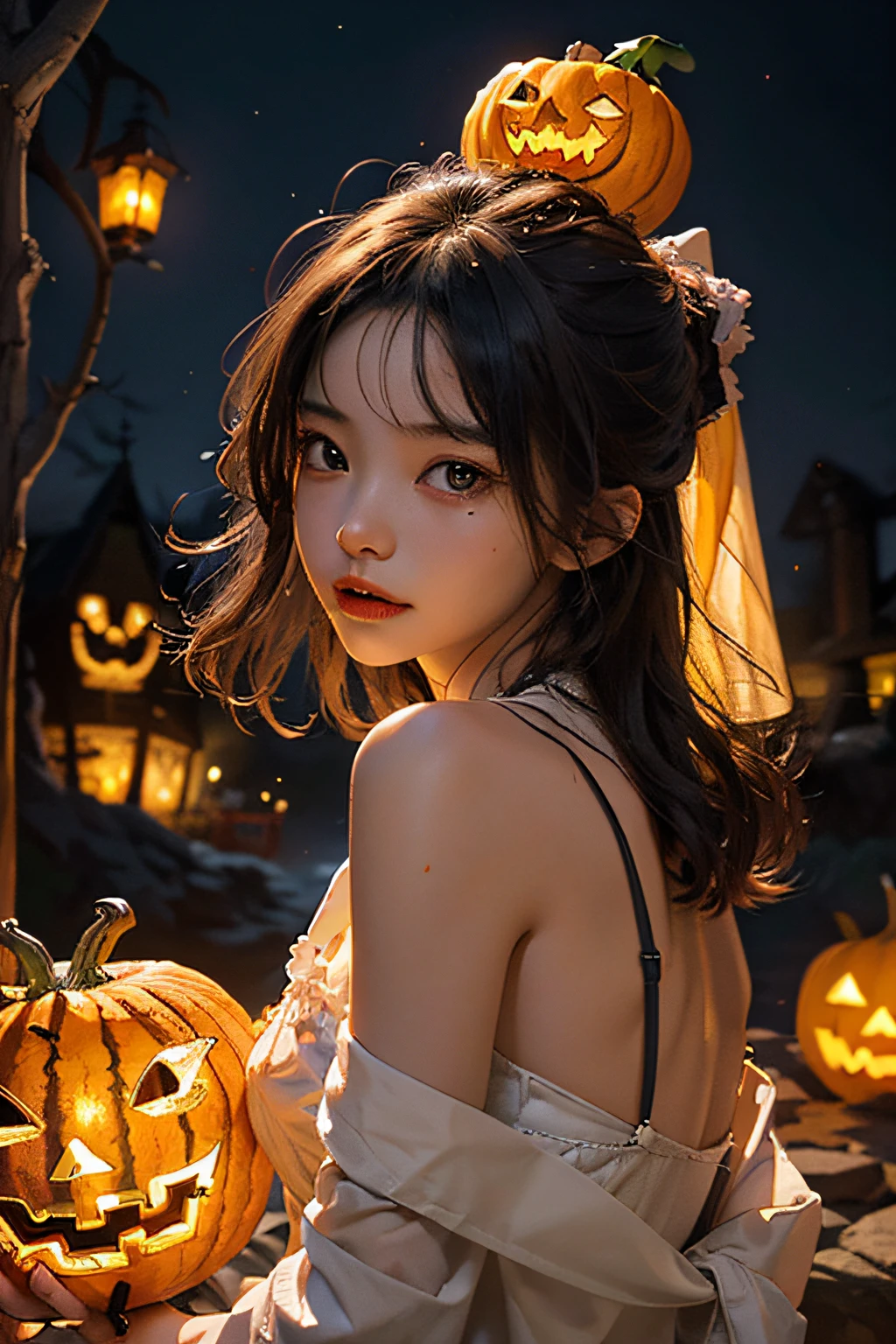 (masterpiece、top-quality、top-quality、Beautifully Aesthetic:1.2)、(((Cute glowing jack lantern head girl)))、((I can't see the girl's face))、halloween night、ighly detailed、colourfull、highestdetailed