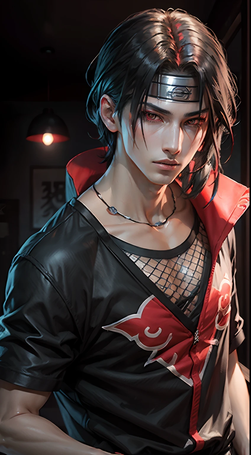 Hyper realistic male model Itachi Uchiwa, slim charismatique face, konoha bandeau, visage beau symetrique