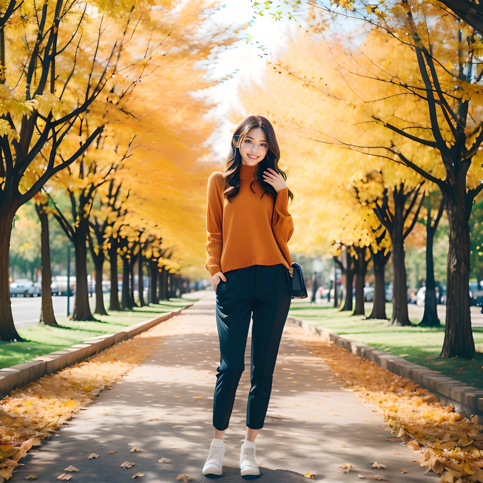 autumnal、Walk along a tree-lined avenue with beautiful autumn leaves、Beautuful Women、Autumn leaves are falling、(1 beauty:1.5)、((full-body view))、
