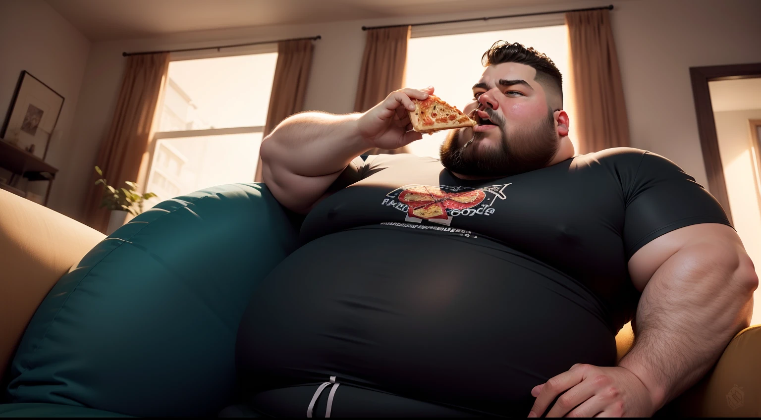 Fat man on couch, He's eating pizza with one hand and looking at his phone with another, Perfect artwork, piece of master, melhor qualidade, alto, layered lighting -- 4K