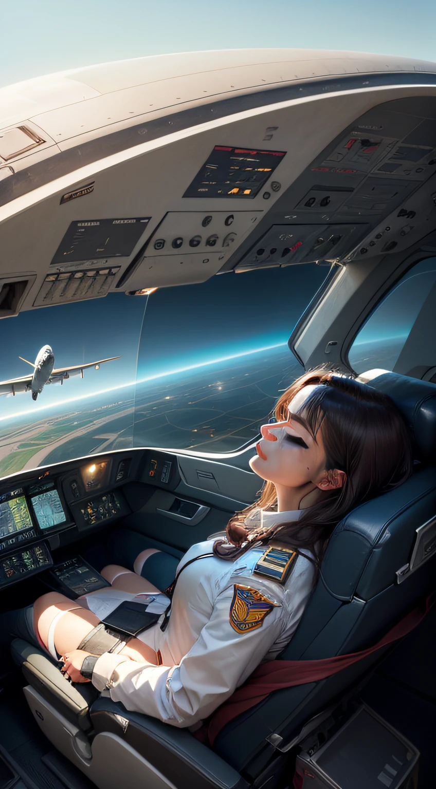 aircraft flying on autopilot, both pilots are sleeping, realistic